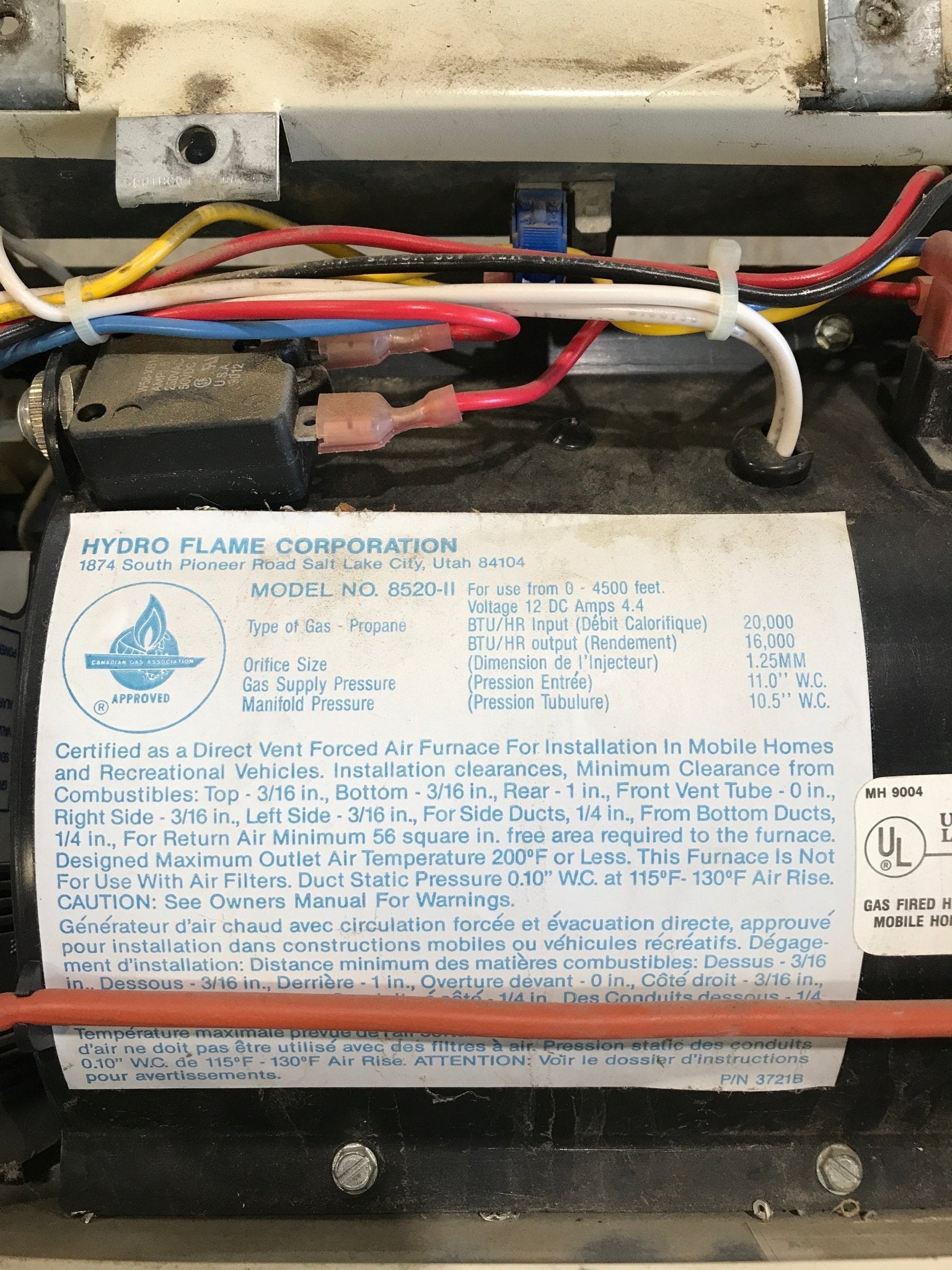 20000 BTU USED 8520 II HYDROFLAME RV Propane Furnace - Young Farts RV Parts