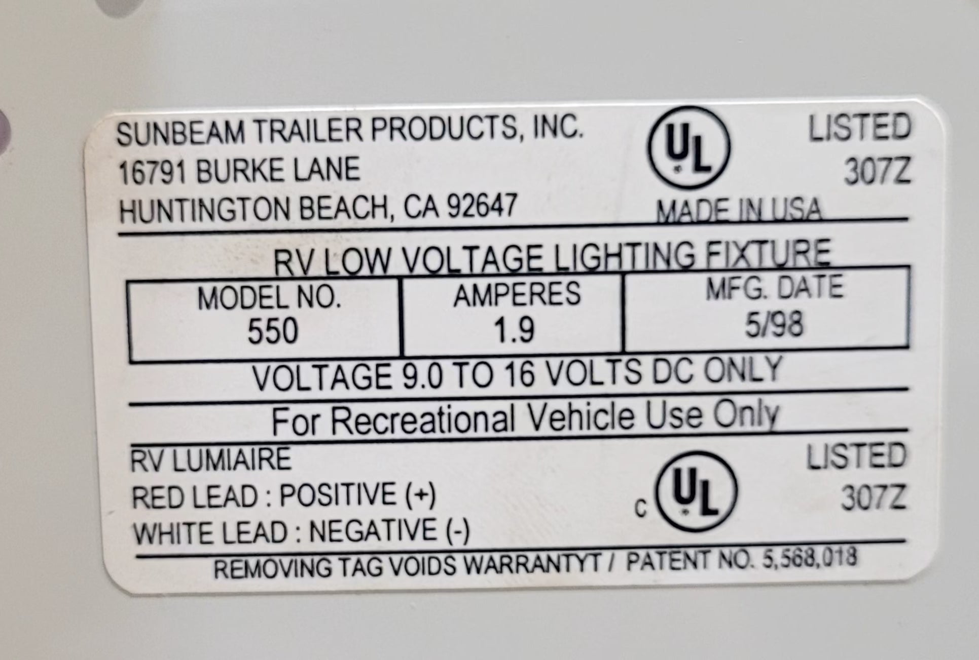 Used Sunbeam Model 550 Dual Florescent light fixture - Young Farts RV Parts