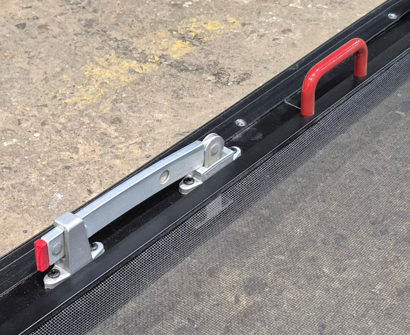 Used Black Radius Emergency Opening Window : 29 1/2" W x 21 1/2" H x 1 1/2" - Young Farts RV Parts