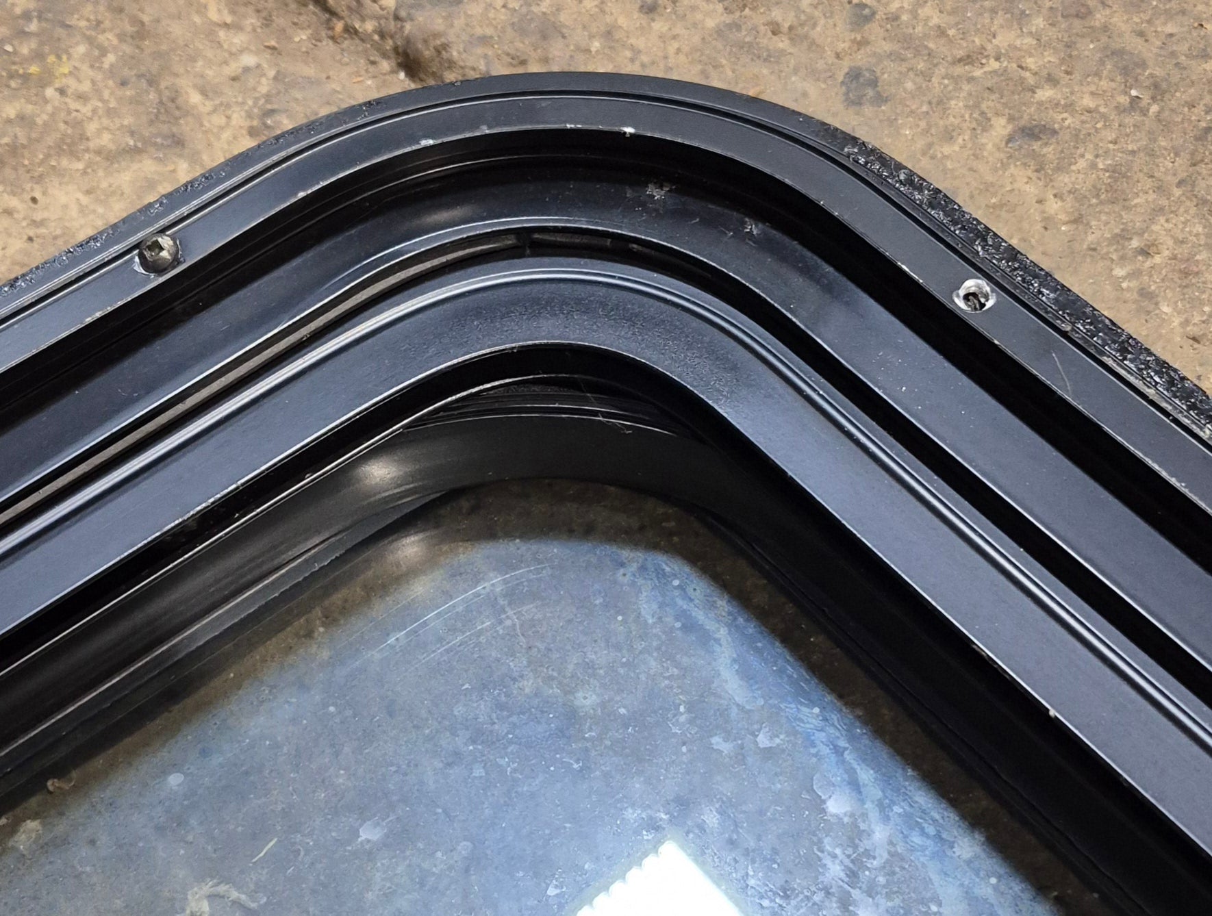 Used Black Radius Emergency Opening Window : 29 1/2" W x 21 1/2" H x 2" D - Young Farts RV Parts