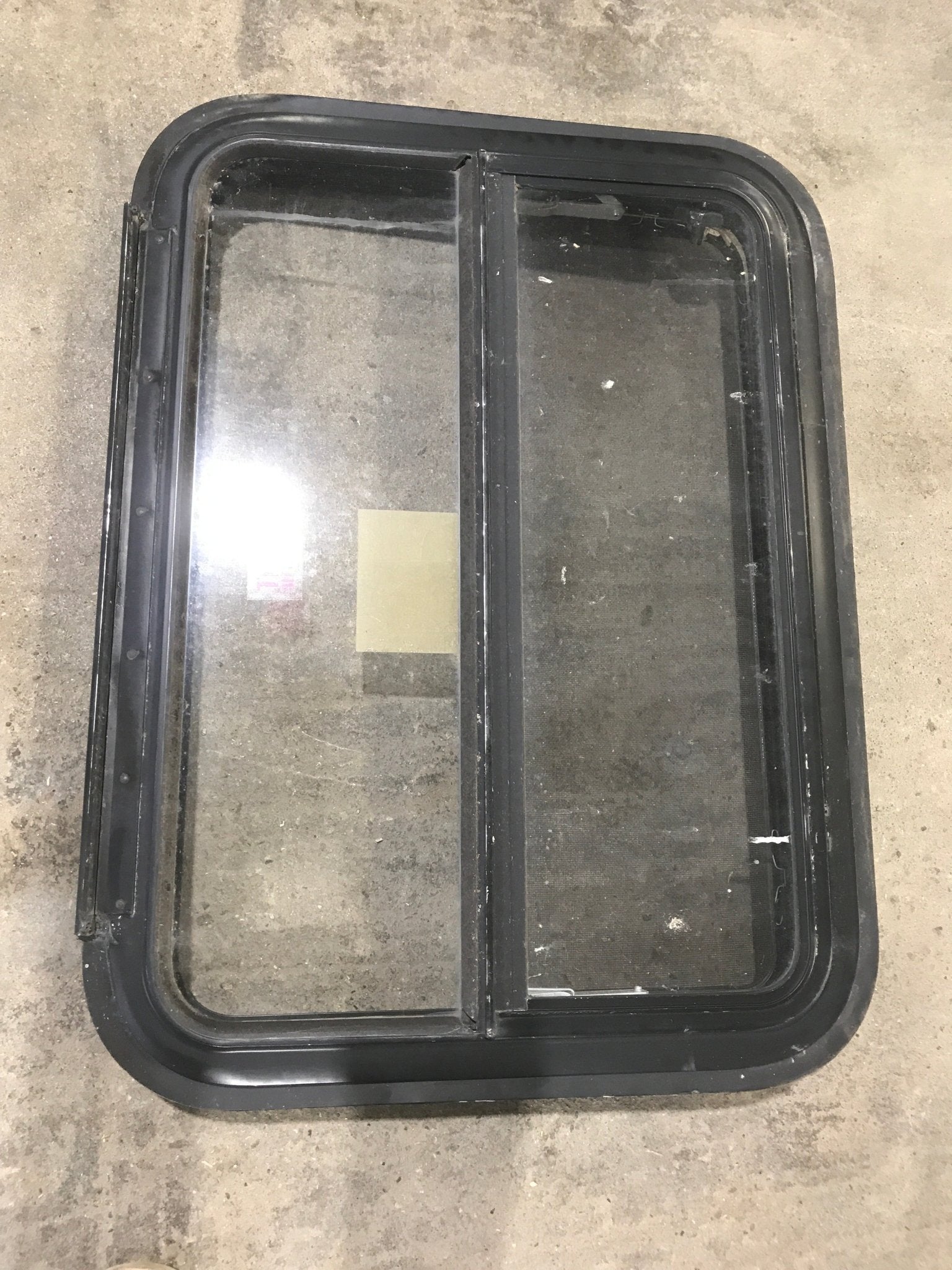 Used Black Radius Emergency Opening Window : 29 1/2" W X 29 1/2" H X 2" D - Young Farts RV Parts