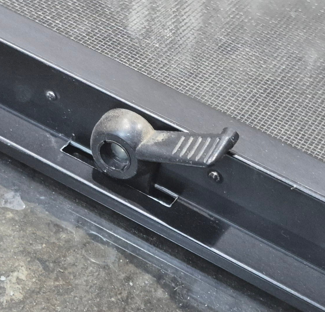 Used Black Radius Opening Window : 25 1/2" W x 20" H x 1 3/4" - Young Farts RV Parts