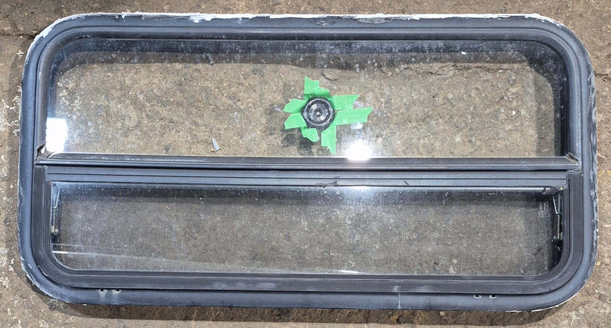 Used Black Radius Opening Window : 35 1/2" W x 17 1/4" H x 1 7/8" - Young Farts RV Parts