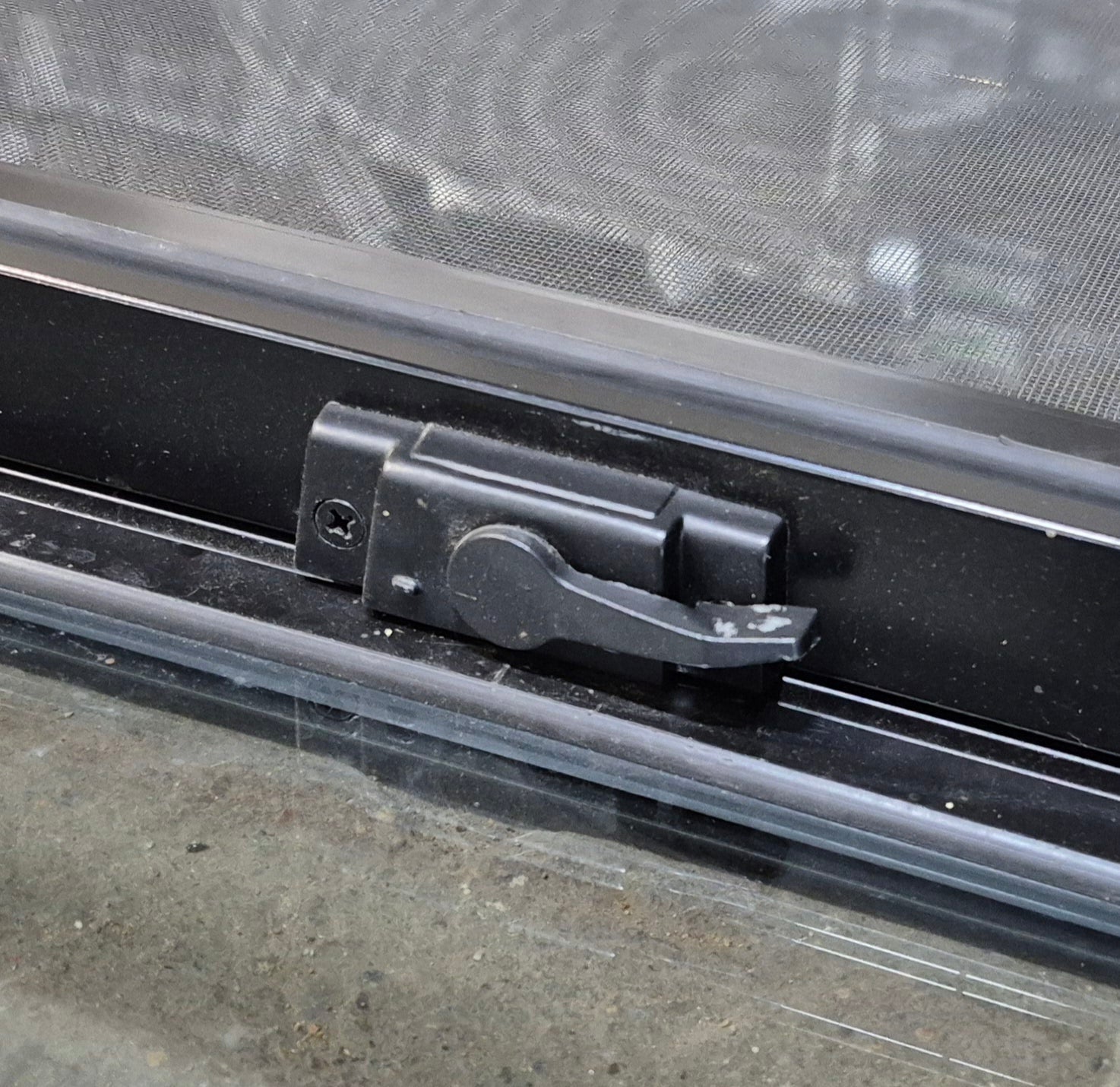 Used Black Radius Opening Window : 42 1/2" W x 34" H x 1 3/4" D - Young Farts RV Parts