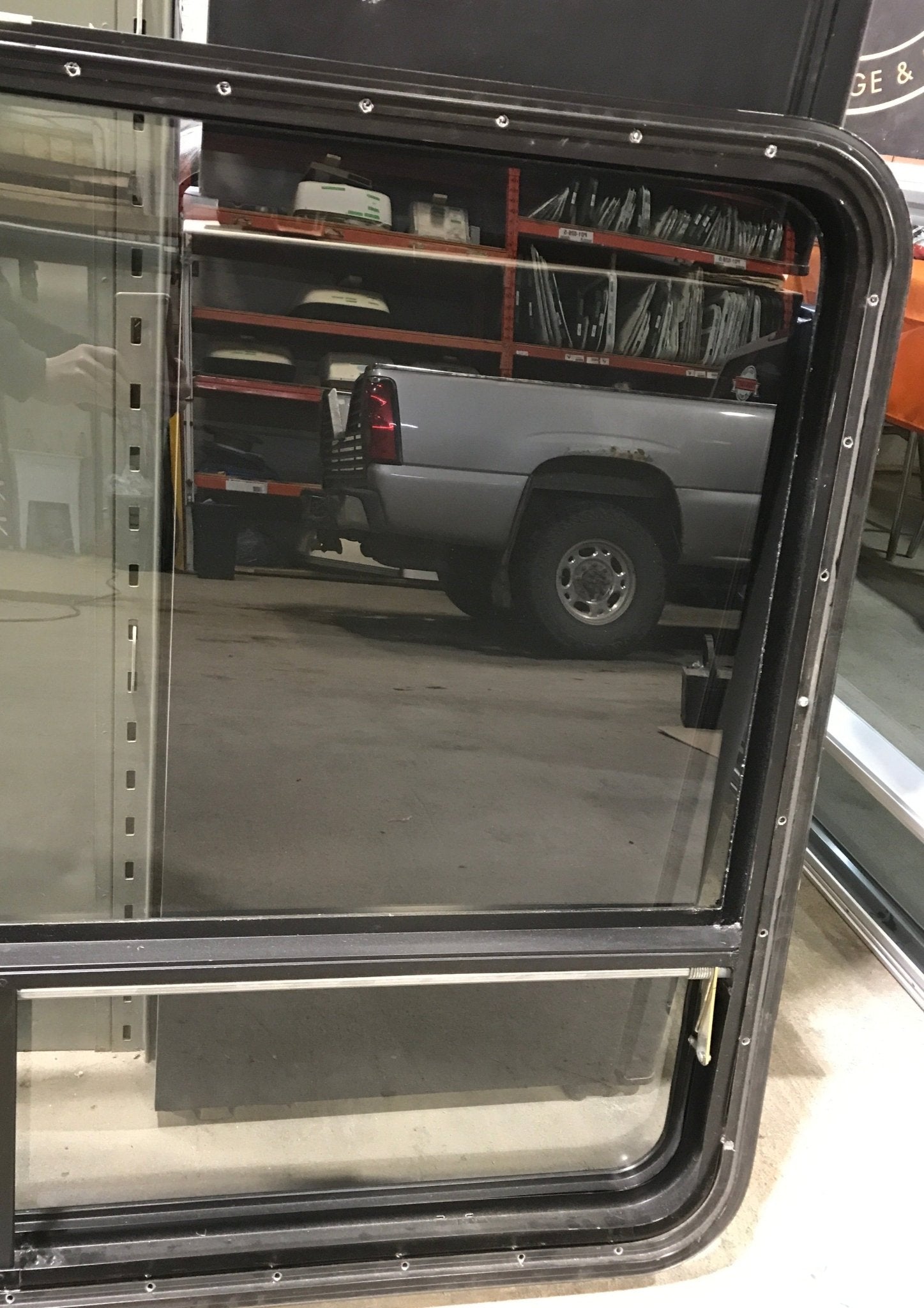 Used Black Radius Opening Window : 47 1/2" W x 29 1/2" H x 2" D - Young Farts RV Parts