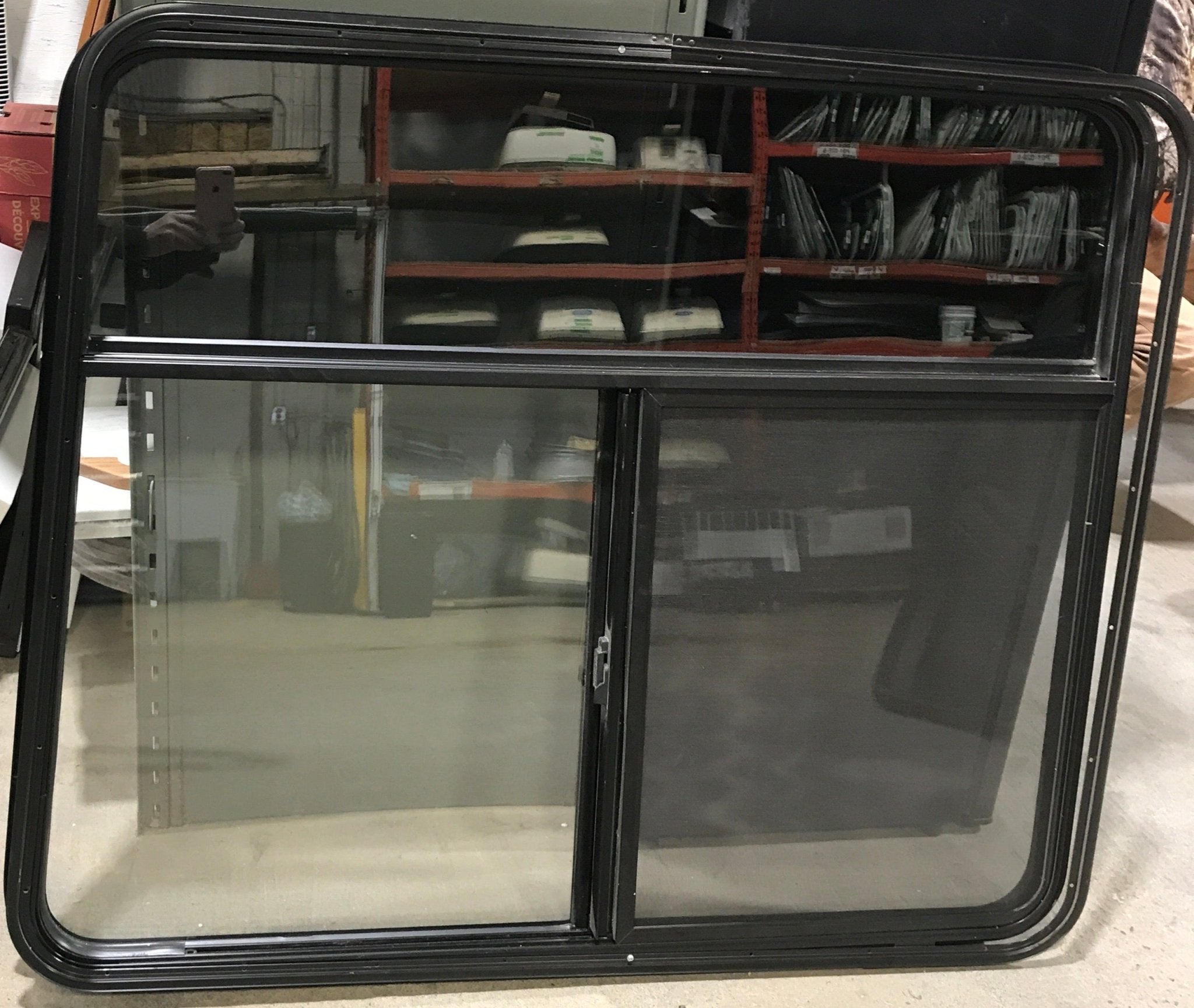 Used Black Radius Opening Window : 47 1/2" W x 39" H x 1 3/4" D - Young Farts RV Parts