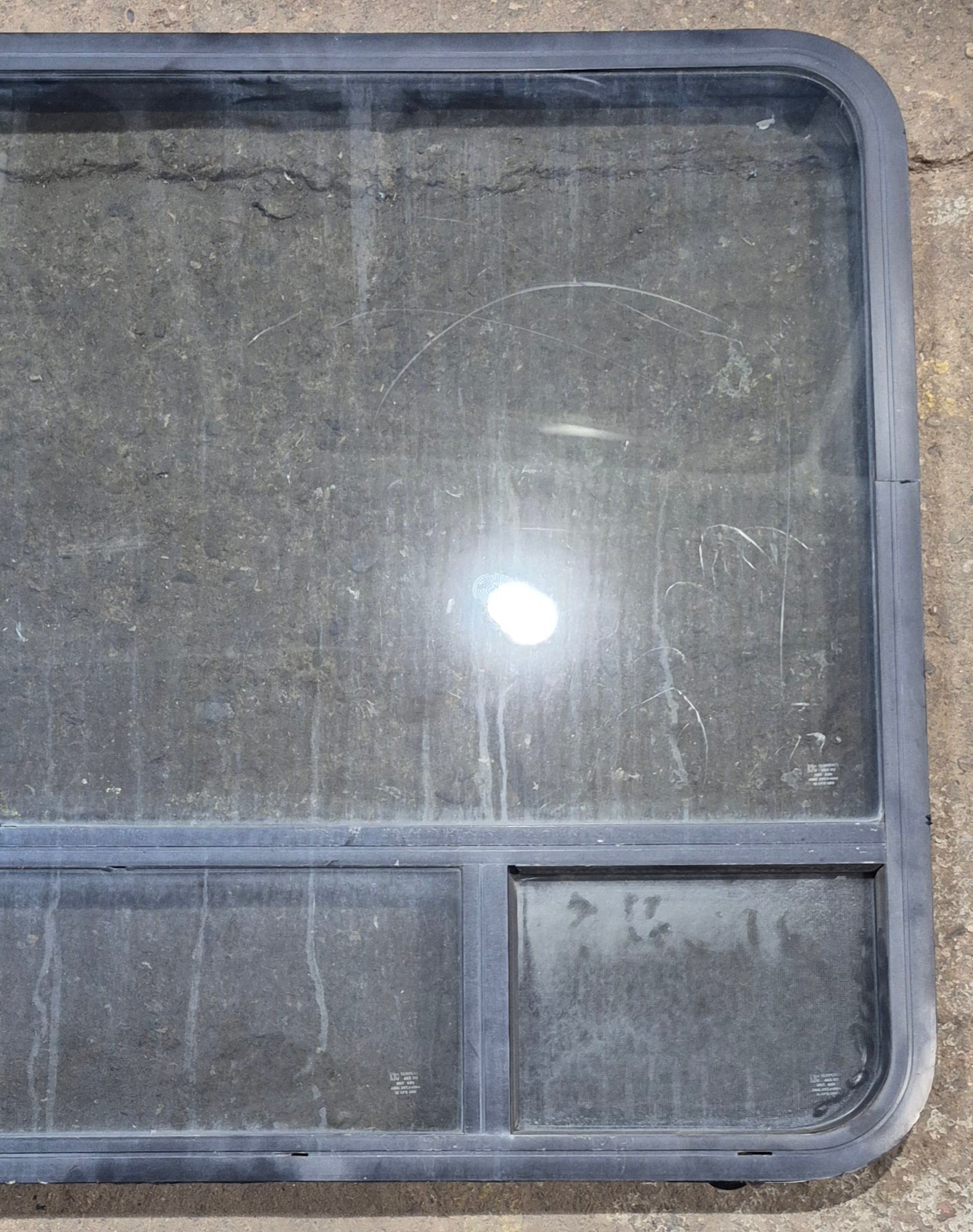Used Black Radius Opening Window : 47 1/4" W x 34 1/4" H x 1 3/4" D - Young Farts RV Parts