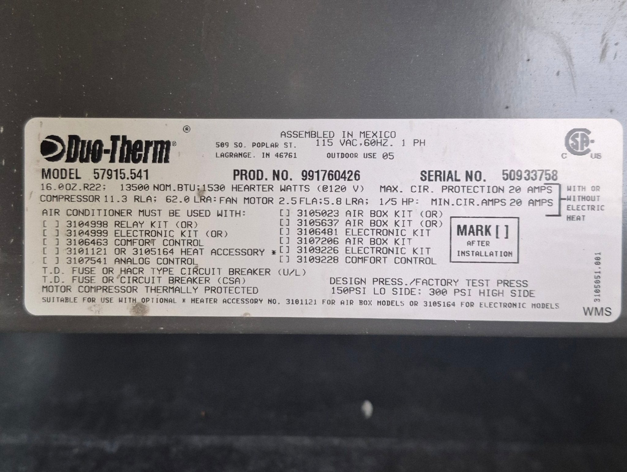 Used Duo - Therm Air Conditioner Head Unit 57915.541 - 13500 BTU Cool Only - Young Farts RV Parts