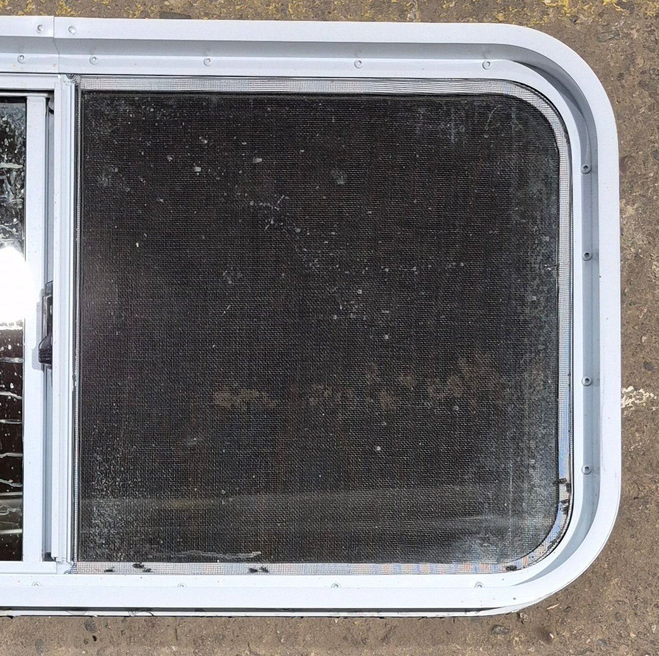 Used Slanted White Radius Opening Window : 41 3/4" W x 17 1/2" H x 1 7/8" D - Young Farts RV Parts