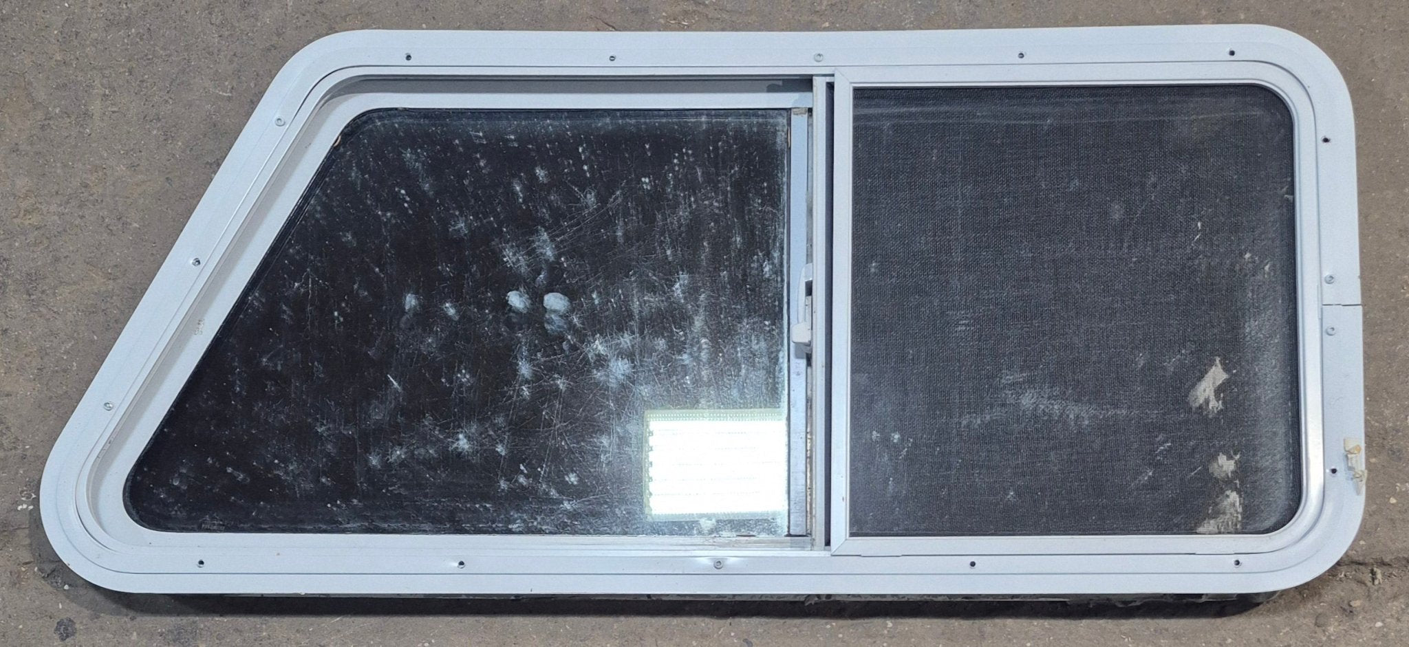 Used Slanted White Radius Opening Window : 42" W x 17 1/2" H x 1 7/8" D - Young Farts RV Parts