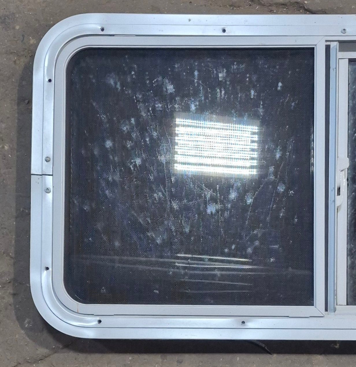Used Slanted White Radius Opening Window : 42" W x 17 1/2" H x 1 7/8" D - Young Farts RV Parts