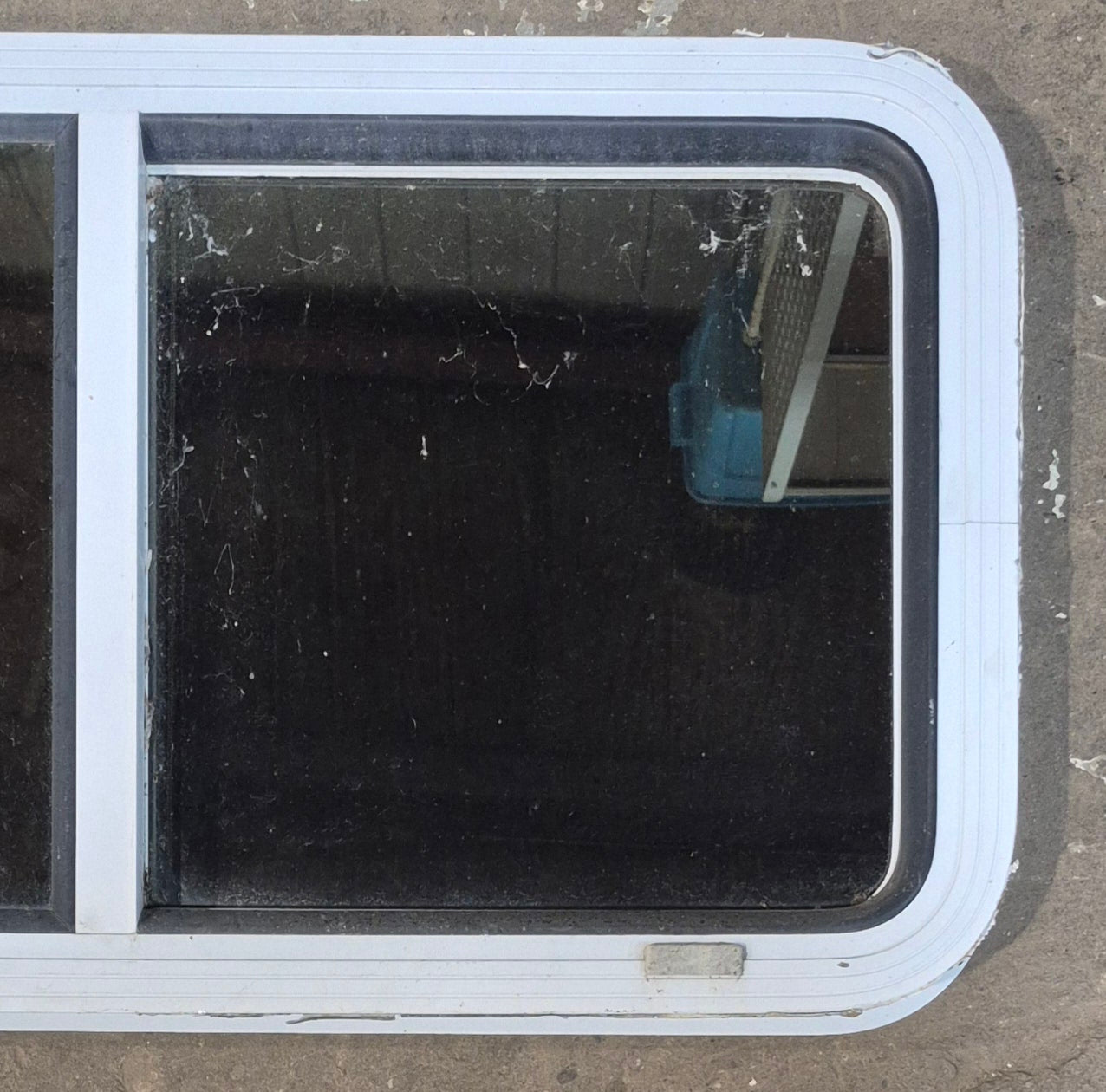 Used Slanted White Radius Opening Window : 42" W x 17 1/2" H x 1 7/8" D - Young Farts RV Parts