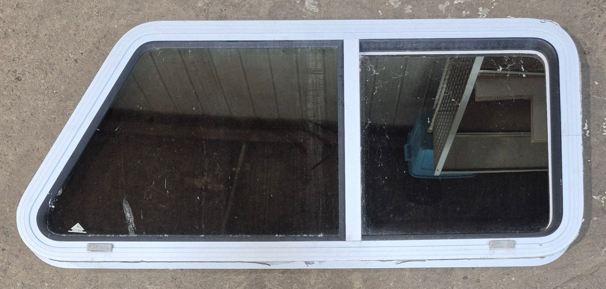 Used Slanted White Radius Opening Window : 42" W x 17 1/2" H x 1 7/8" D - Young Farts RV Parts