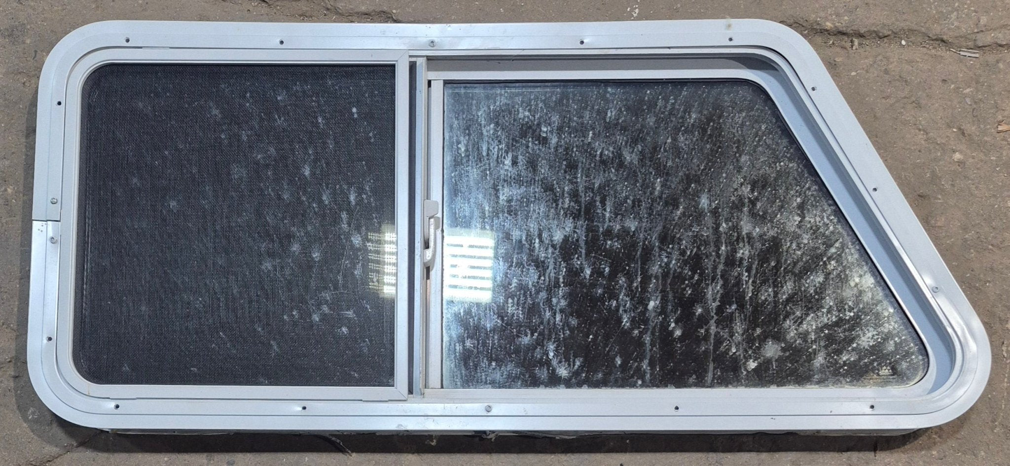 Used Slanted White Radius Opening Window : 42" W x 17 1/2" H x 1 7/8" D - Young Farts RV Parts