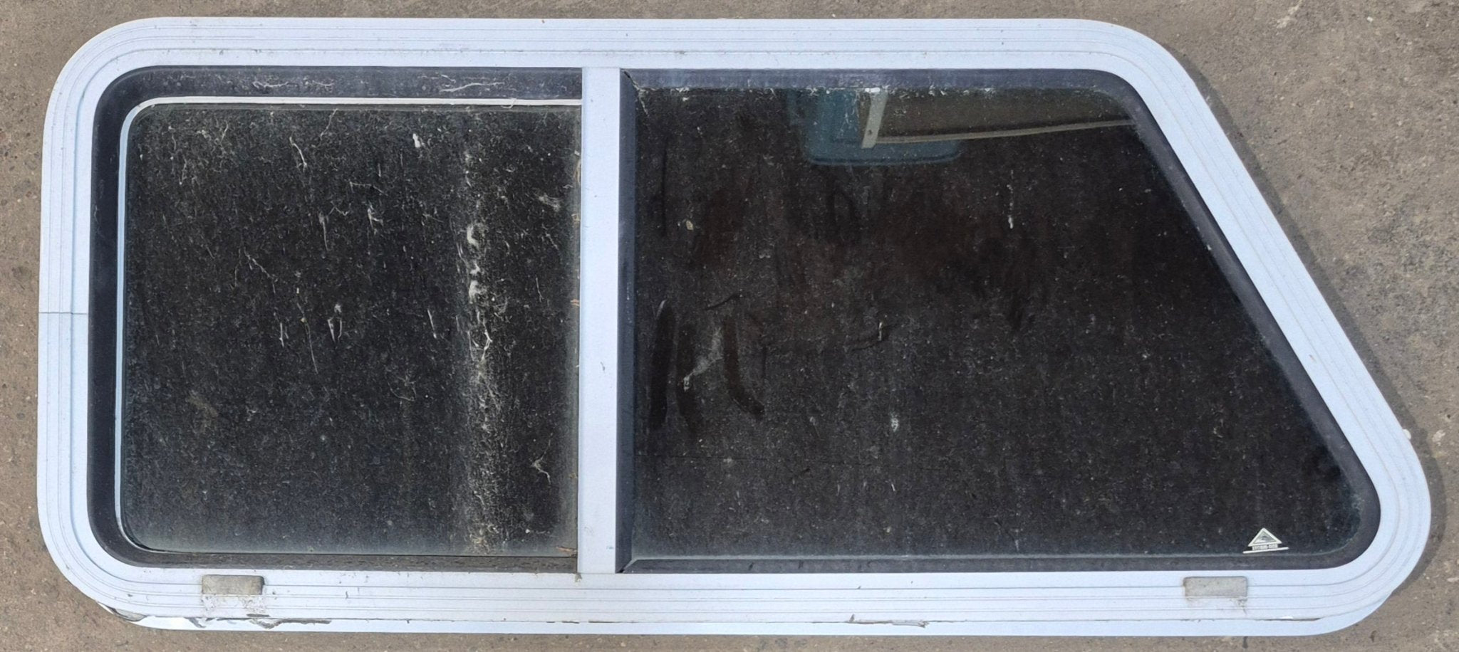 Used Slanted White Radius Opening Window : 42" W x 17 1/2" H x 1 7/8" D - Young Farts RV Parts
