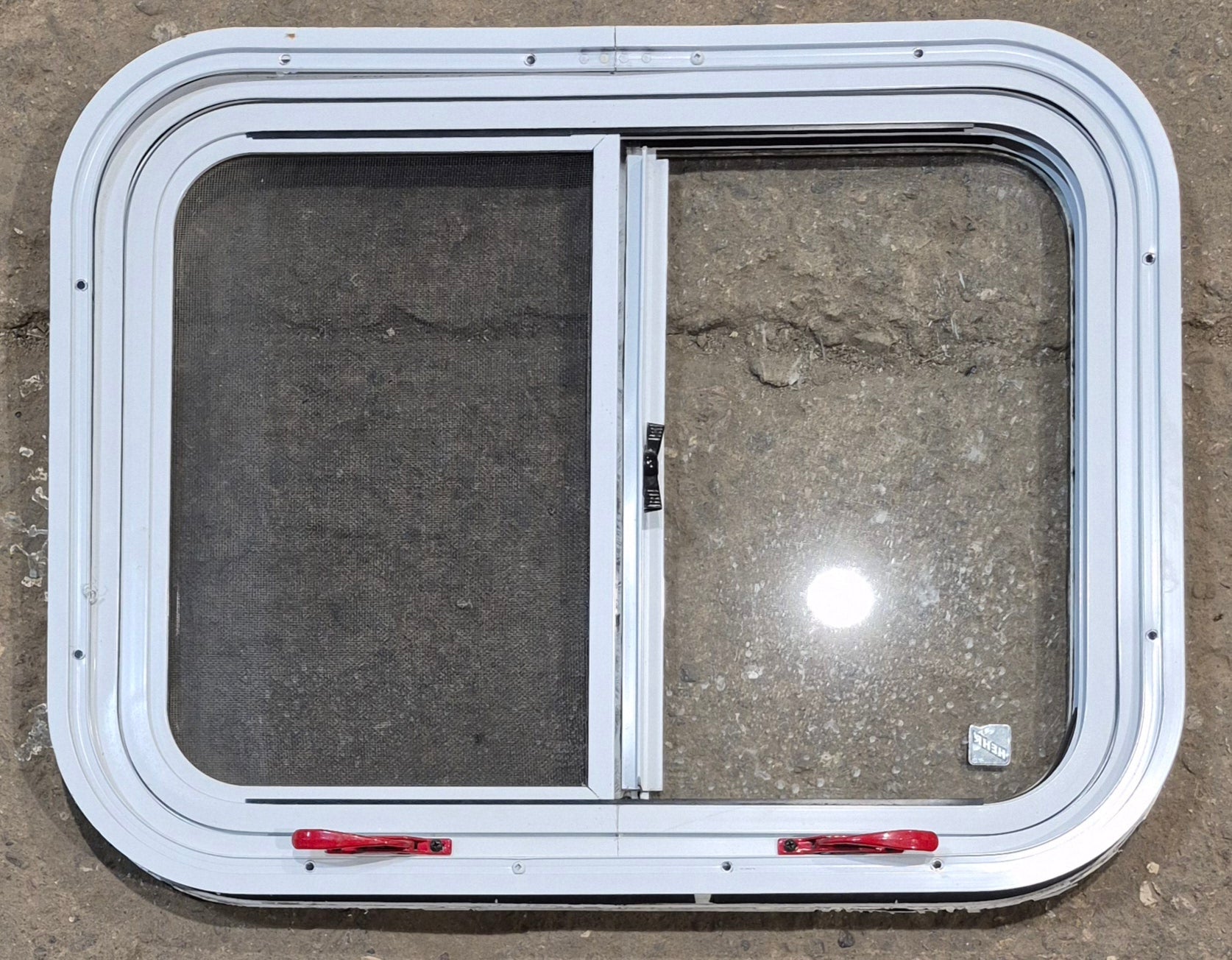 Used White Radius Emergency Opening Window : 25 1/2" W x 19 1/2" H x 1 1/4" D - Young Farts RV Parts
