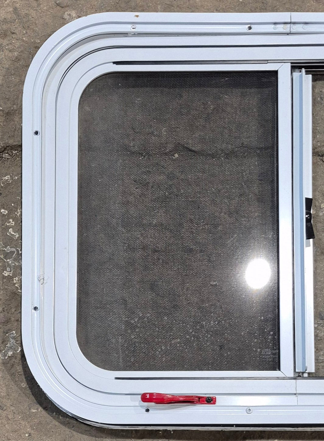 Used White Radius Emergency Opening Window : 25 1/2" W x 19 1/2" H x 1 1/4" D - Young Farts RV Parts