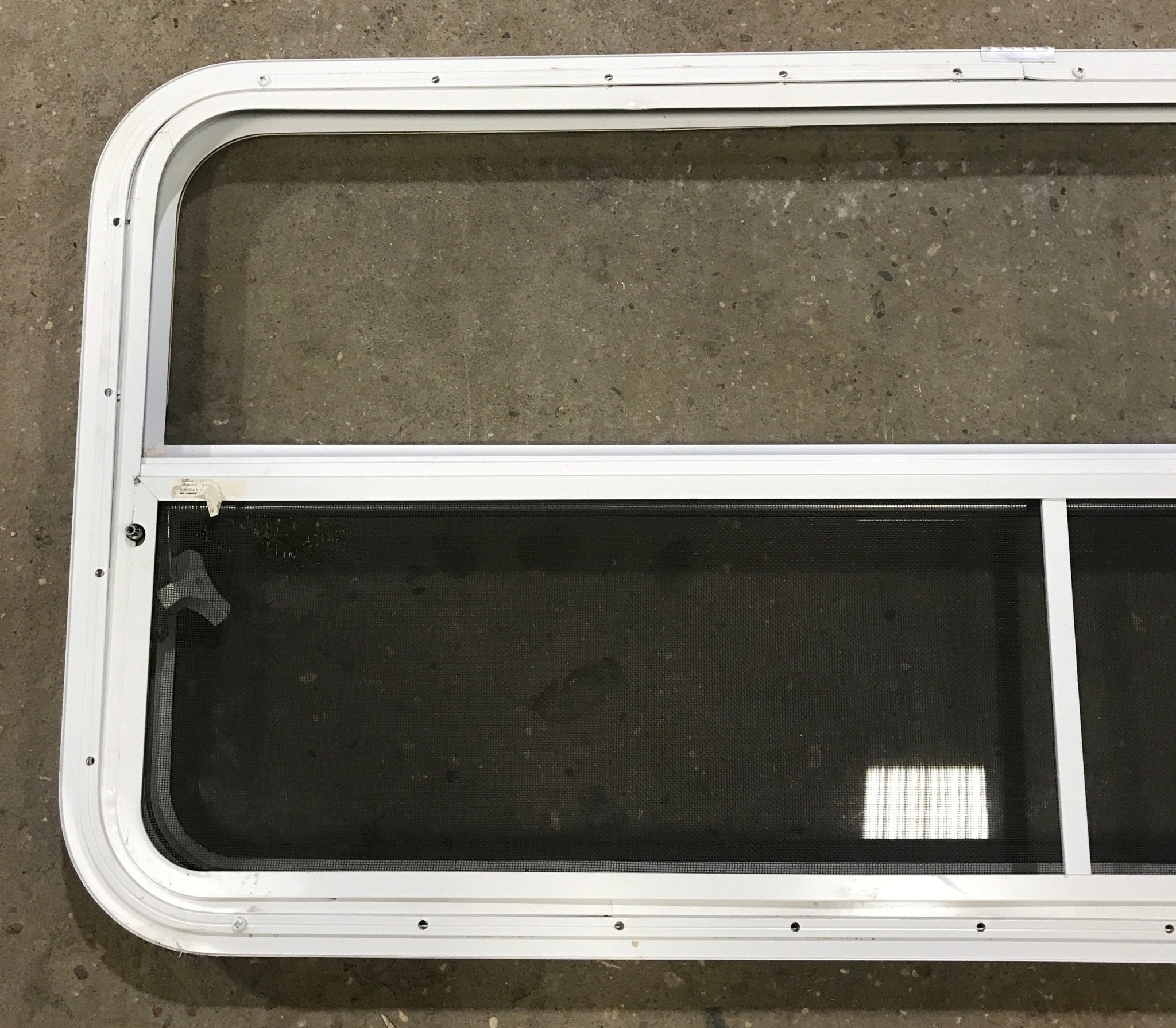 Used White Radius Emergency Opening Window : 47 1/2" W x 21 1/2" H x 1 1/2" D - Young Farts RV Parts