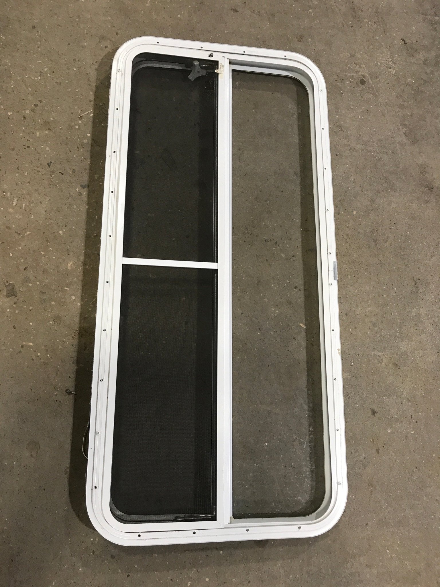 Used White Radius Emergency Opening Window : 47 1/2" W x 21 1/2" H x 1 1/2" D - Young Farts RV Parts