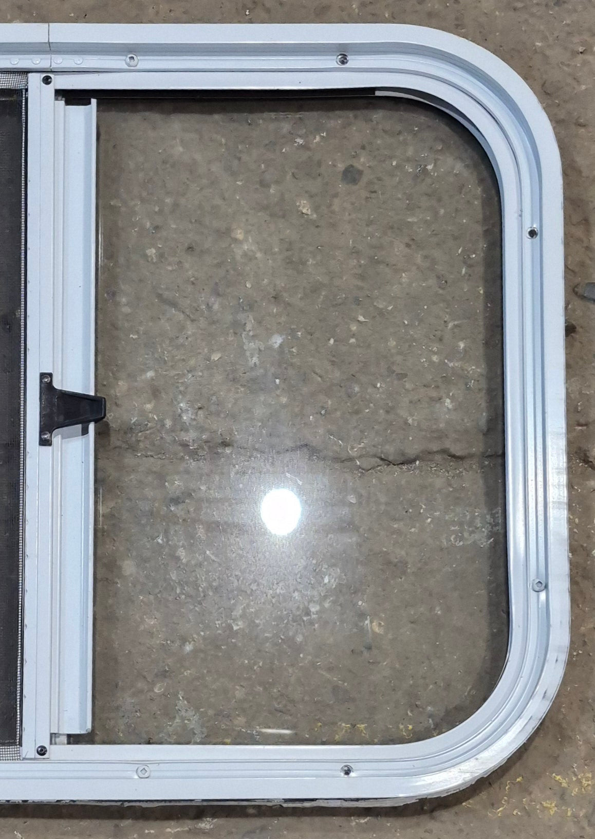 Used White Radius Opening Window : 23 1/2" W x 17 1/2" H x 1 1/4" D - Young Farts RV Parts