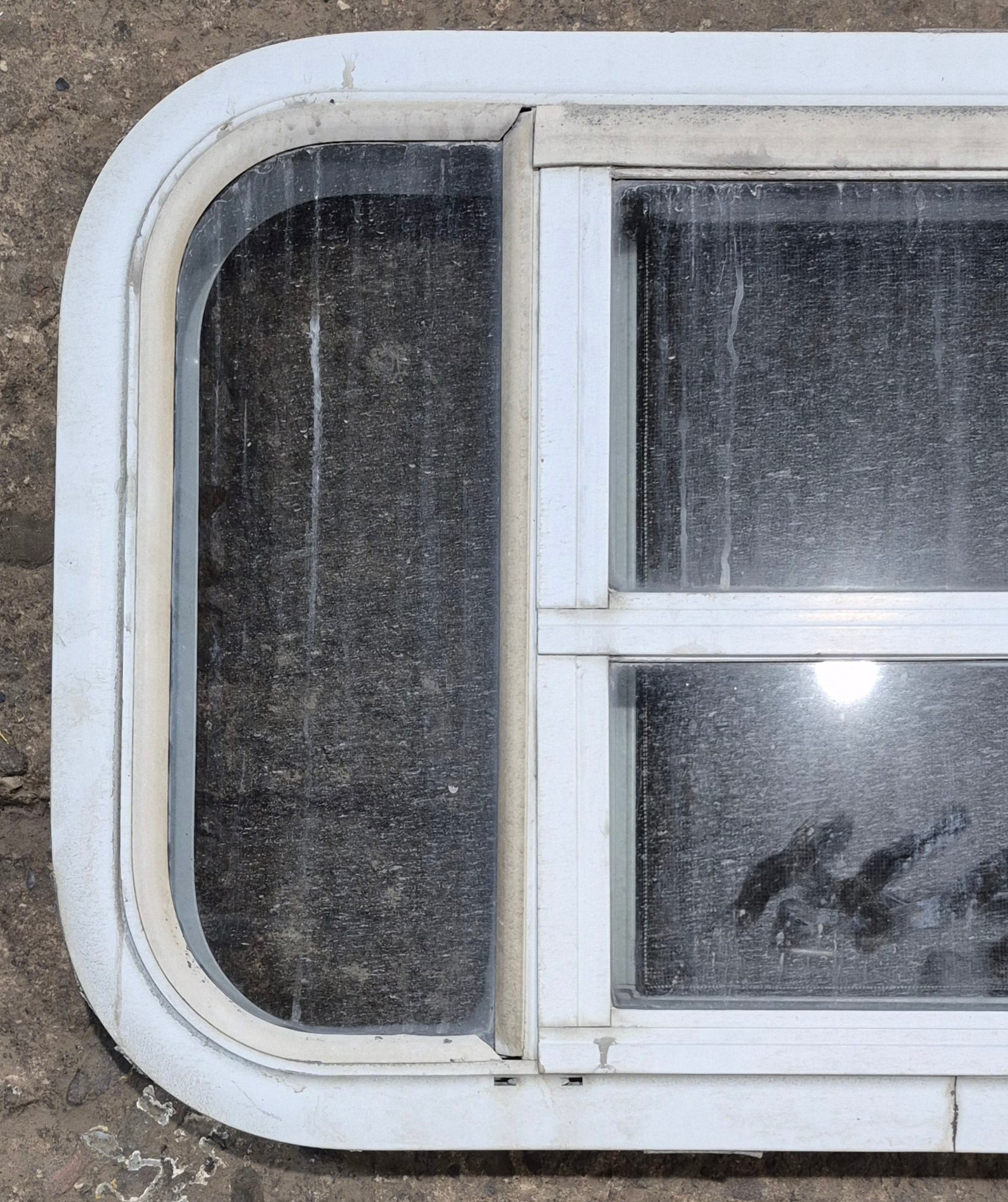 Used White Radius Opening Window : 23 1/4" W x 14 1/4" H x 1 7/8" D - Young Farts RV Parts
