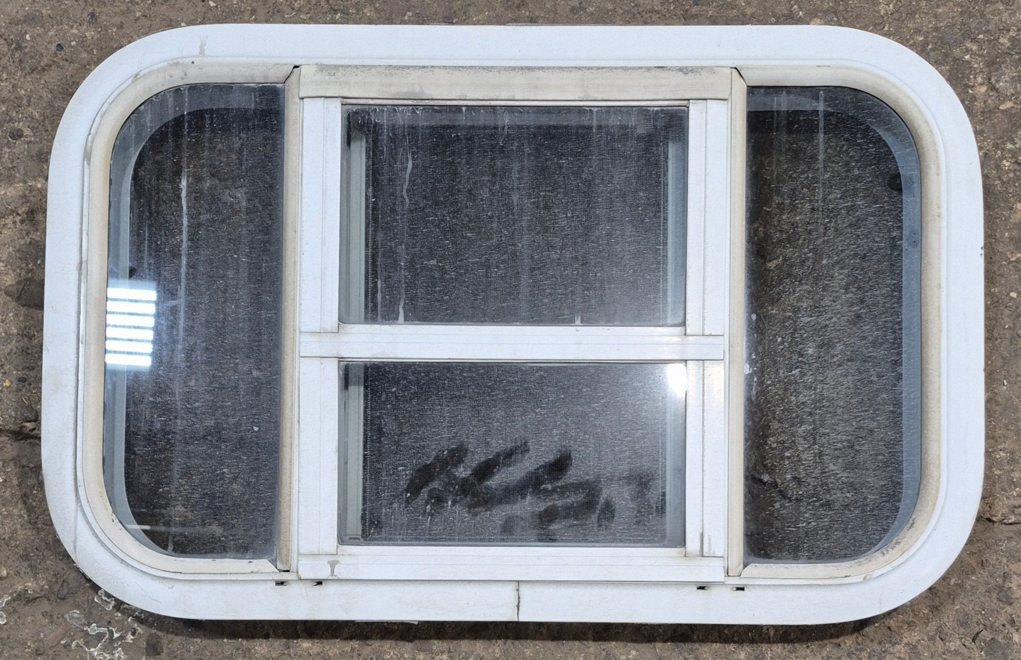 Used White Radius Opening Window : 23 1/4" W x 14 1/4" H x 1 7/8" D - Young Farts RV Parts