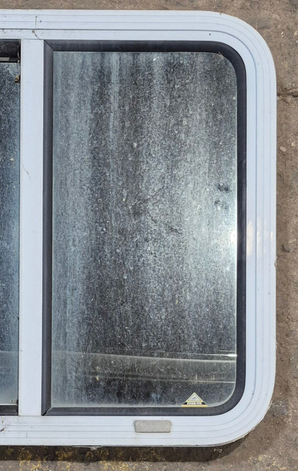 Used White Radius Opening Window : 24" W x 21 1/2" H x 1 7/8" D - Young Farts RV Parts