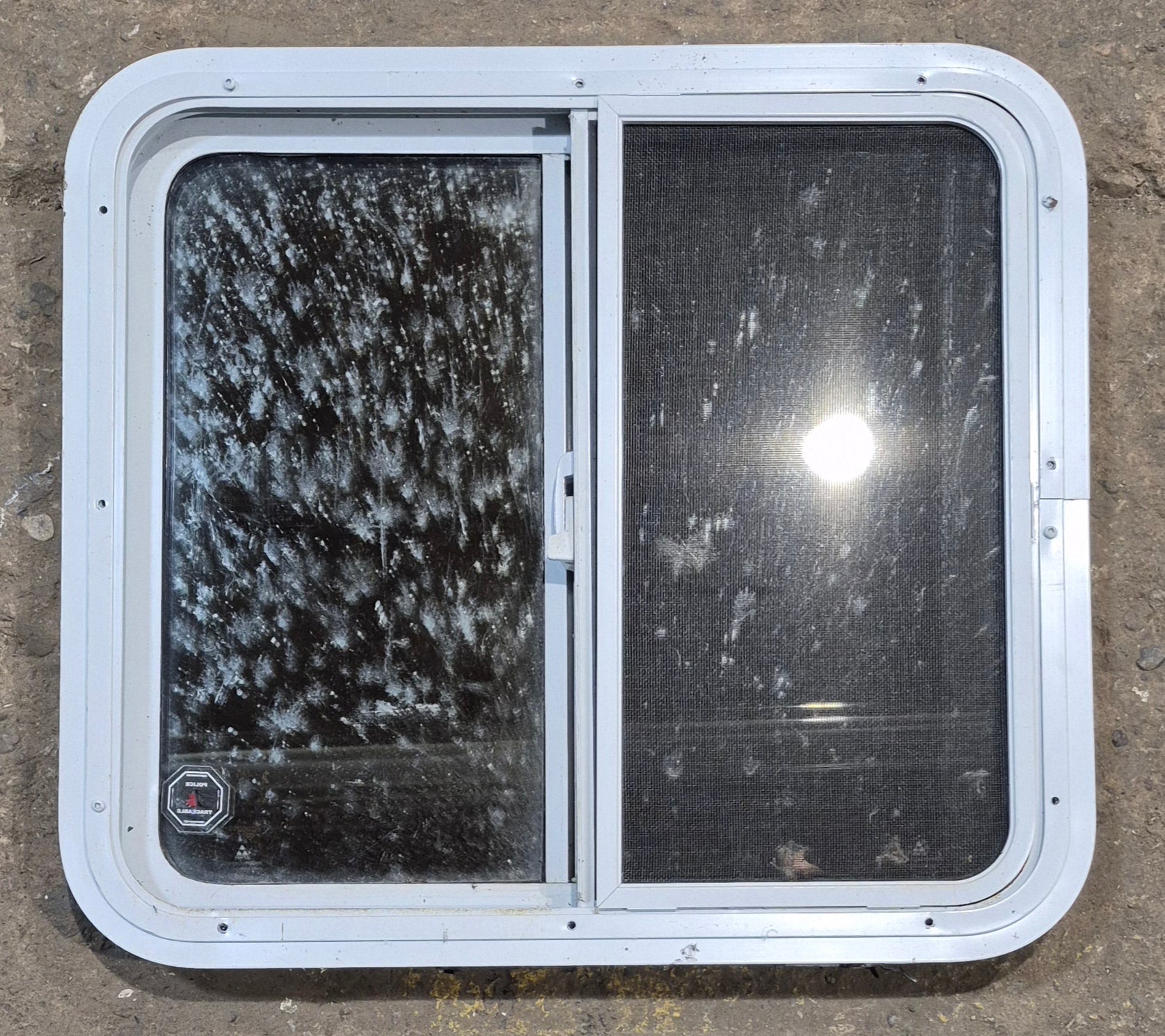 Used White Radius Opening Window : 24" W x 21 1/2" H x 1 7/8" D - Young Farts RV Parts