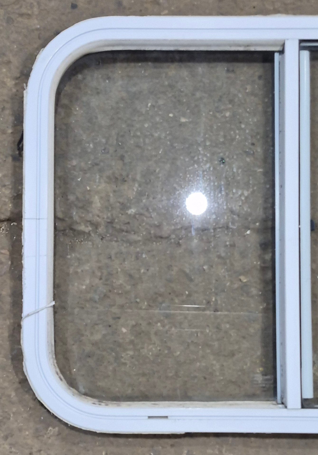 Used White Radius Opening Window : 25 1/2" W x 19 1/2" H x 1 1/4" D - Young Farts RV Parts