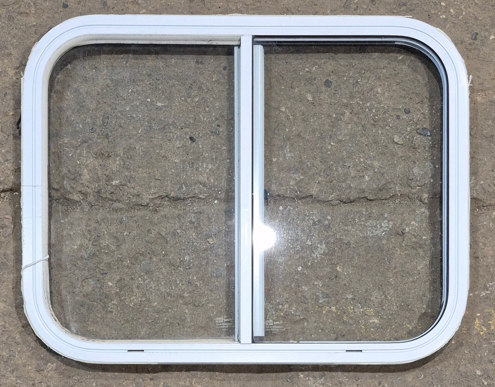 Used White Radius Opening Window : 25 1/2" W x 19 1/2" H x 1 1/4" D - Young Farts RV Parts
