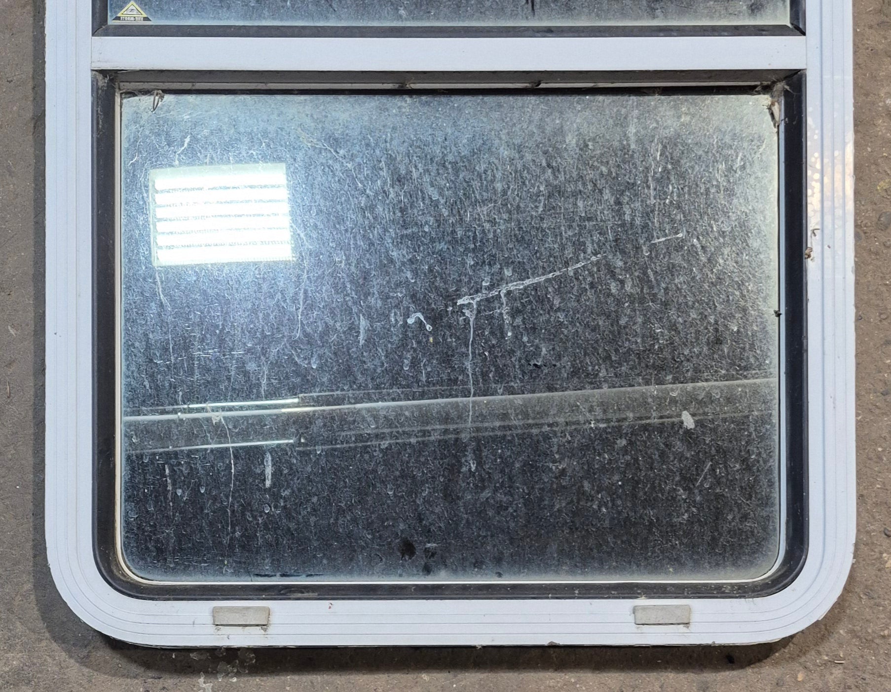 Used White Radius Opening Window : 26" W x 39 1/2" H x 1 7/8" D - Young Farts RV Parts
