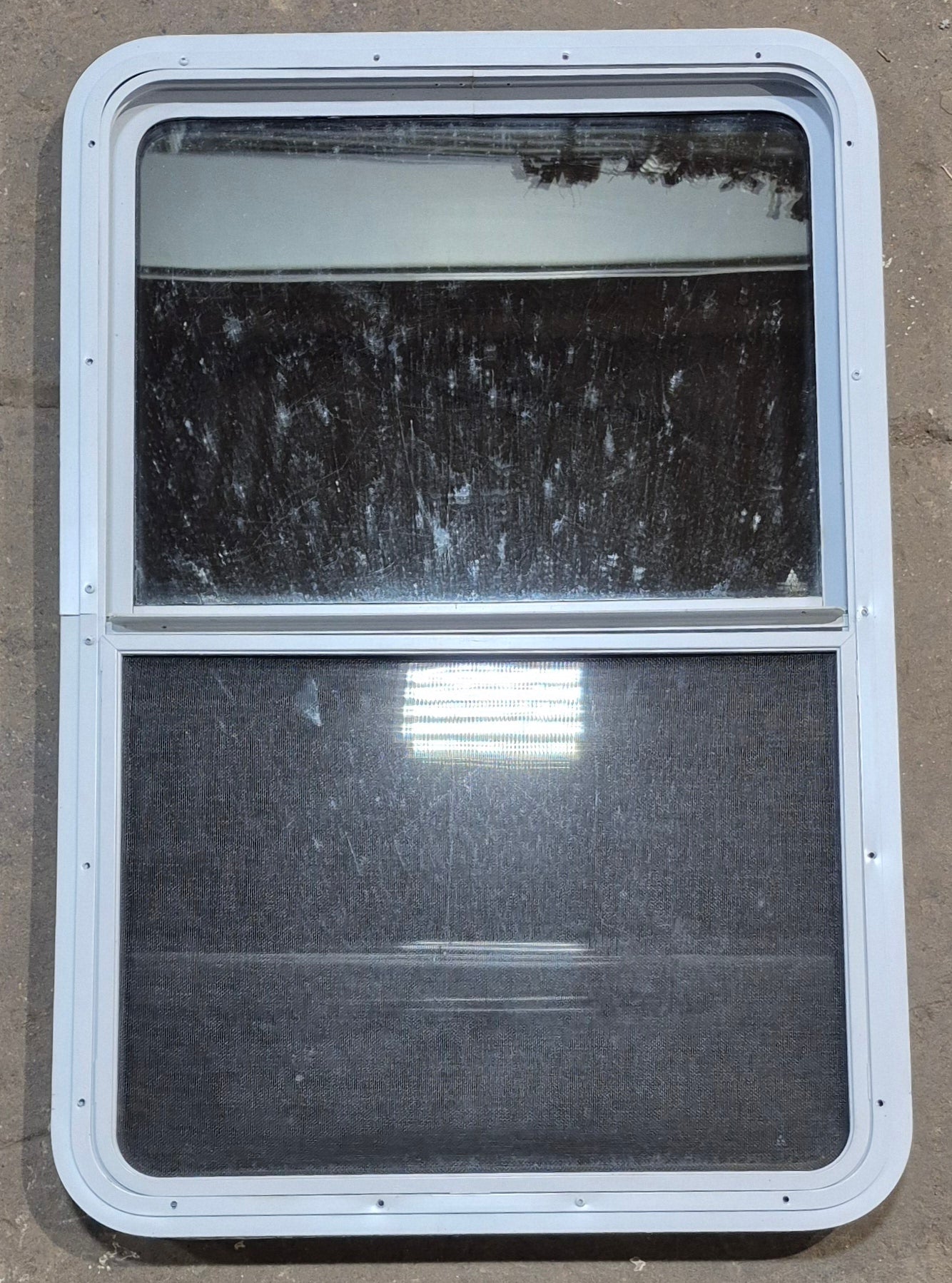 Used White Radius Opening Window : 26" W x 39 1/2" H x 1 7/8" D - Young Farts RV Parts