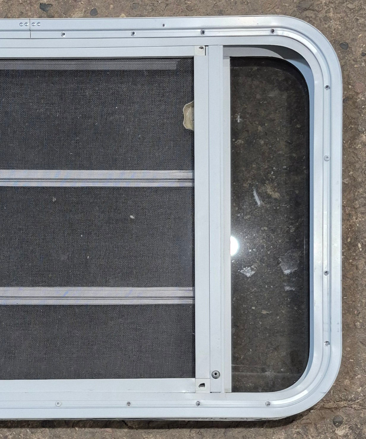 Used White Radius Opening Window : 35 1/4" W x 21 1/4" H x 1 7/8" D - Young Farts RV Parts