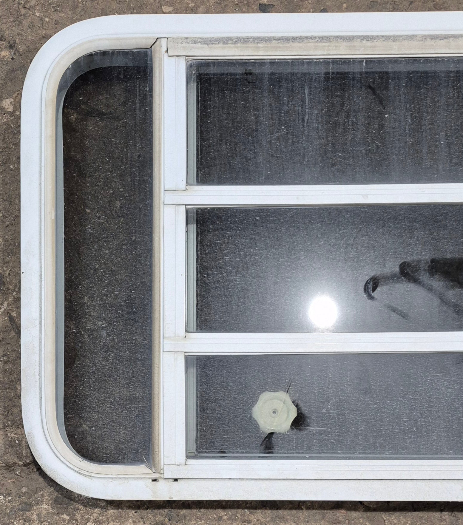 Used White Radius Opening Window : 35 1/4" W x 21 1/4" H x 1 7/8" D - Young Farts RV Parts