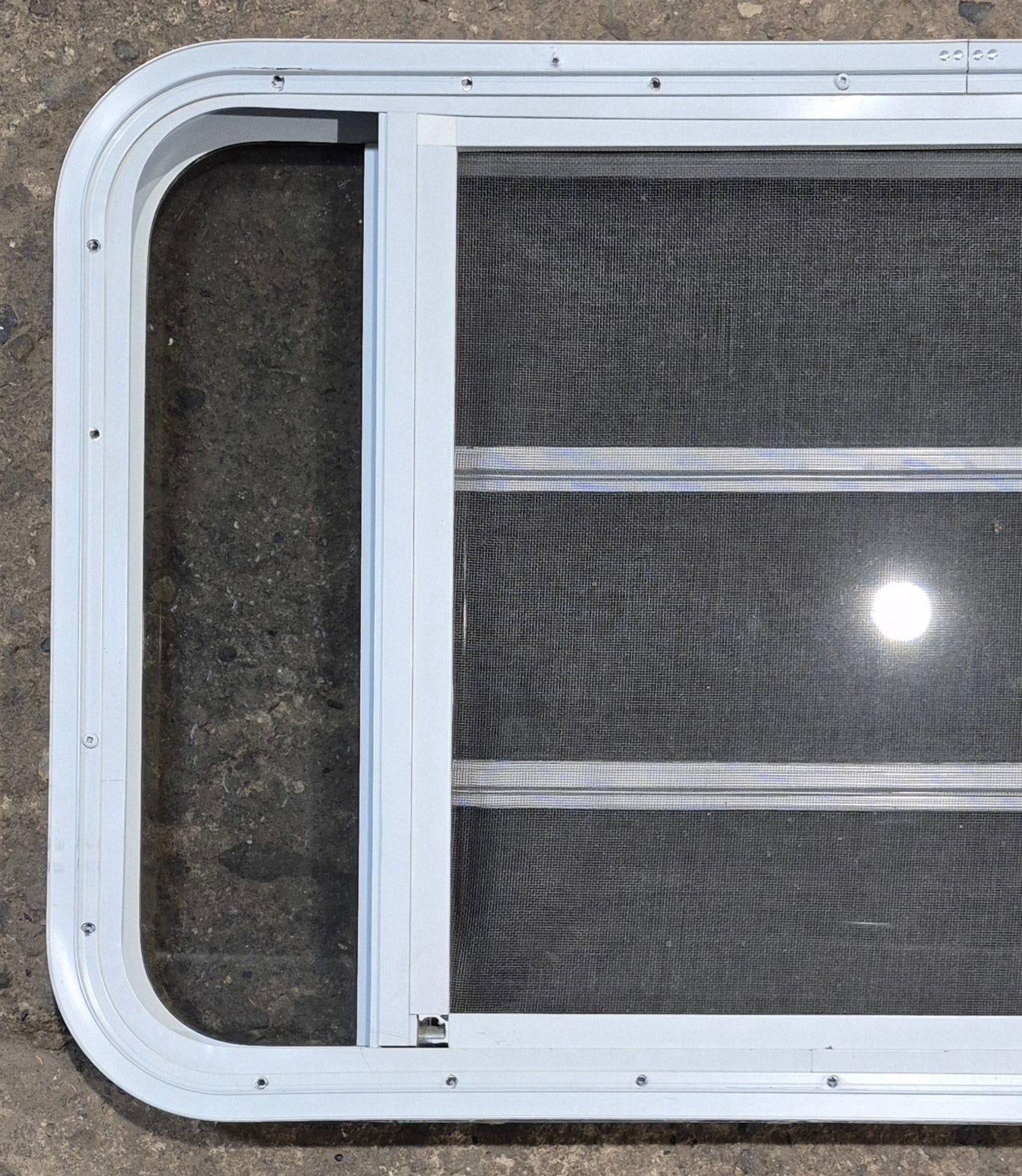 Used White Radius Opening Window : 35 1/4" W x 21 1/4" H x 1 7/8" D - Young Farts RV Parts