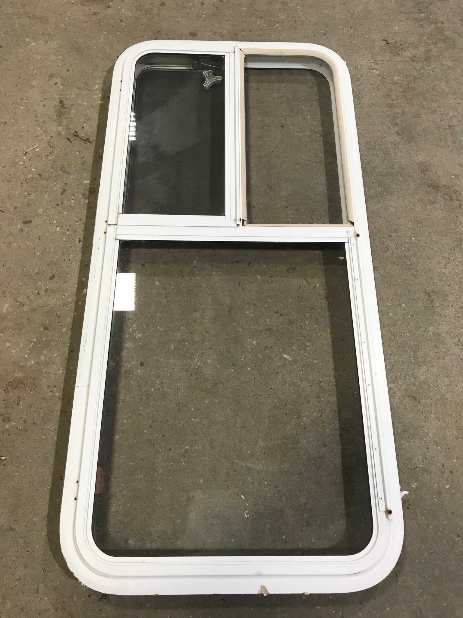 Used White Radius Opening Window : 47 1/2" W x 21 1/2" H x 1 1/2" D - Young Farts RV Parts
