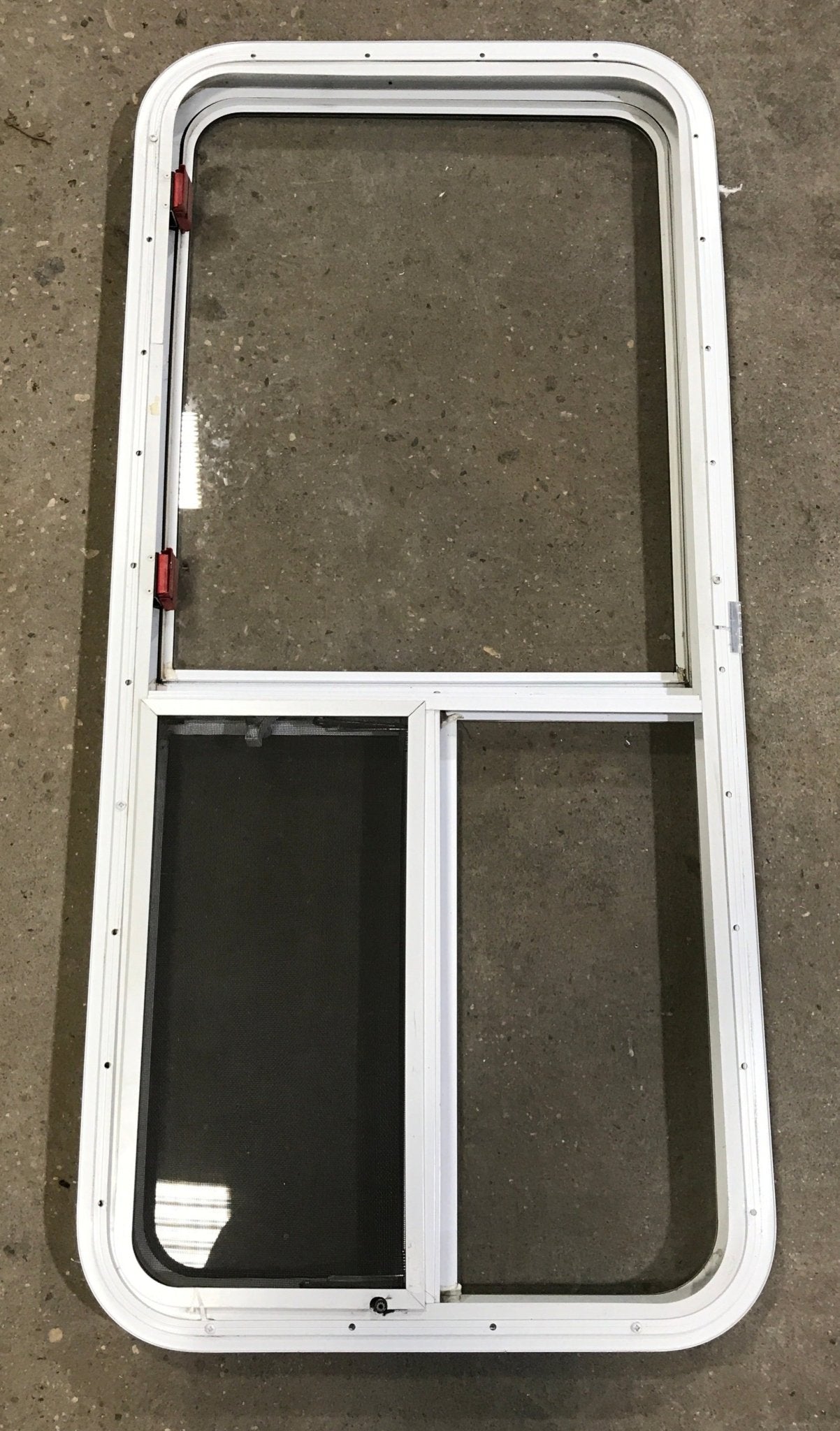 Used White Radius Opening Window : 47 1/2" W x 21 1/2" H x 1 1/2" D - Young Farts RV Parts