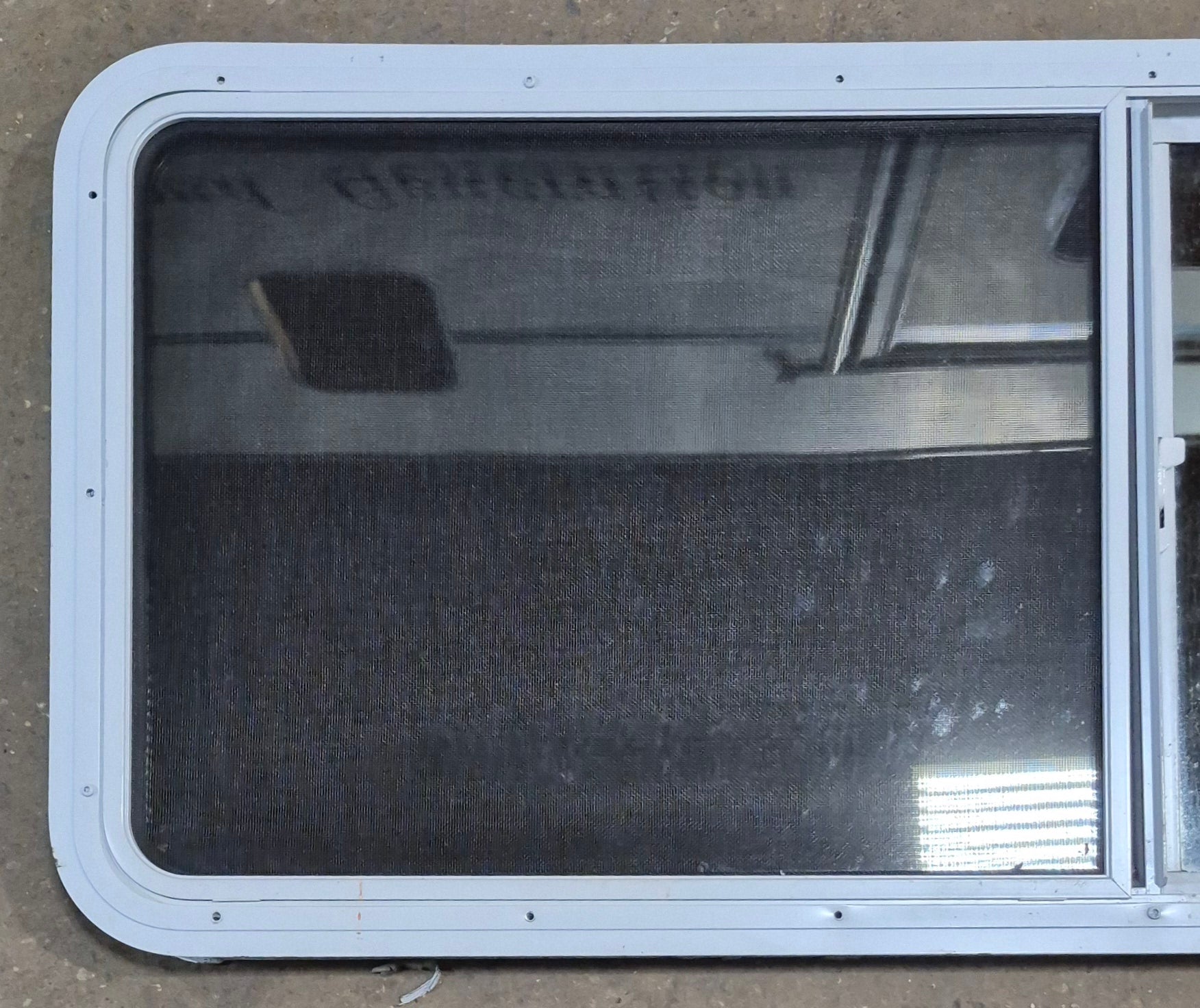 Used White Radius Opening Window : 54" W x 21 1/2" H x 1 7/8" D - Young Farts RV Parts
