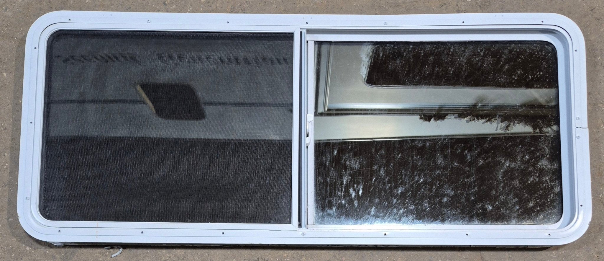 Used White Radius Opening Window : 54" W x 21 1/2" H x 1 7/8" D - Young Farts RV Parts