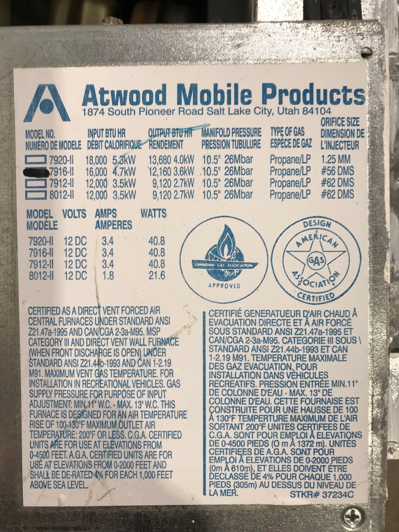16000 BTU USED 7916 - II Atwood / Hydro Flame Propane Furnace - Young Farts RV Parts