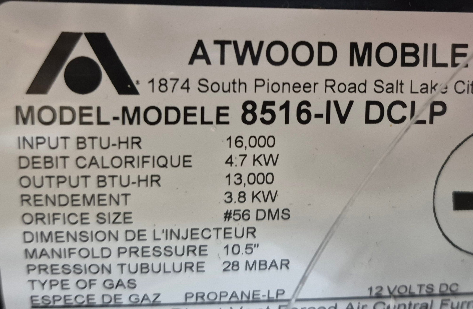 16,000 BTU USED 8516 - IV DCLP Atwood HYDROFLAME Propane Furnace - Young Farts RV Parts