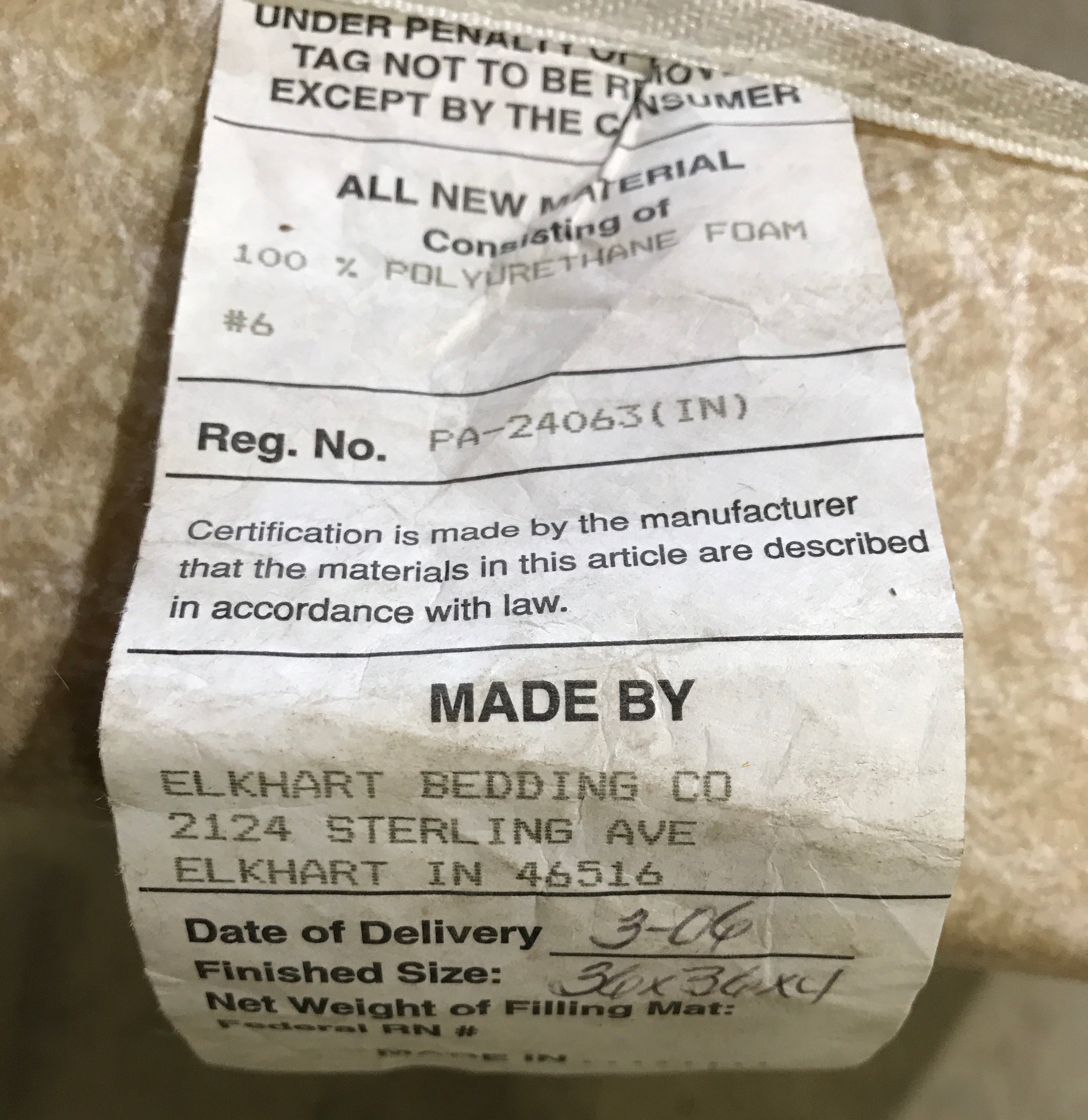 Used Bunk Mattress 36" x 36" x 4" D