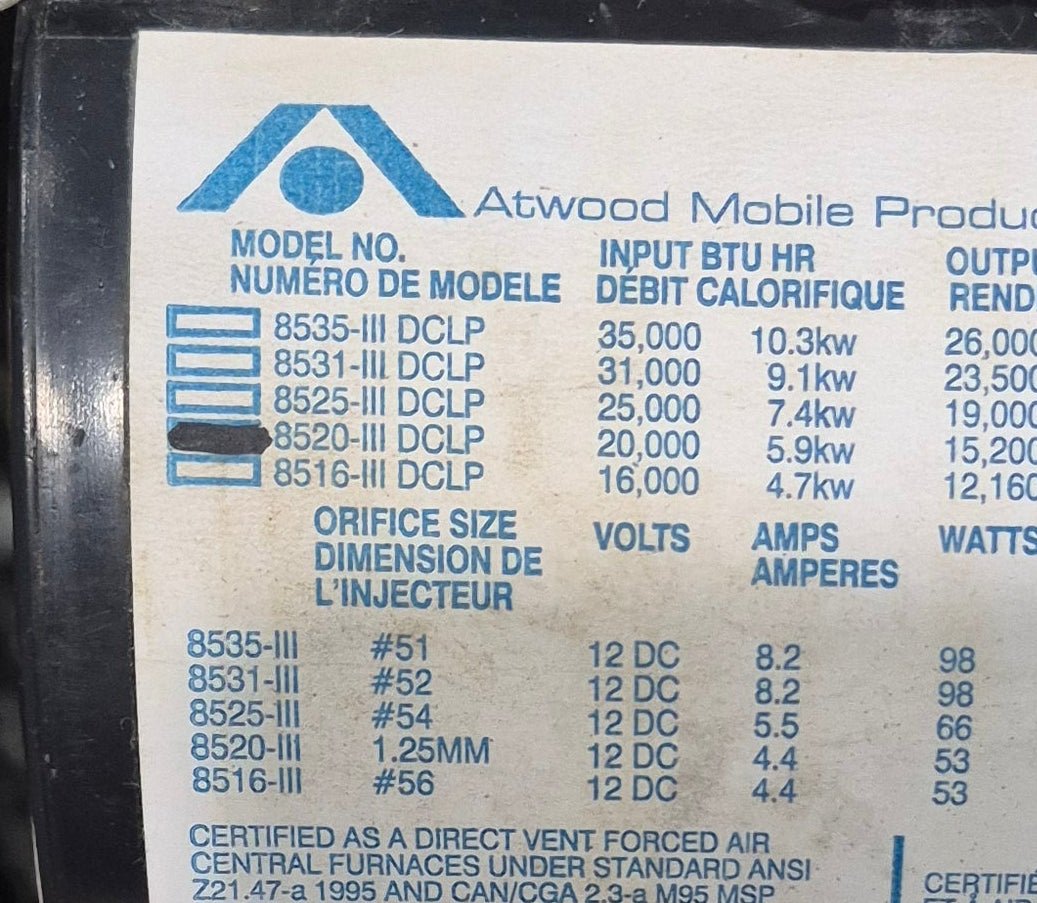 20000 BTU USED 8520-III DCLP Atwood HYDROFLAME Propane Furnace - Young Farts RV Parts