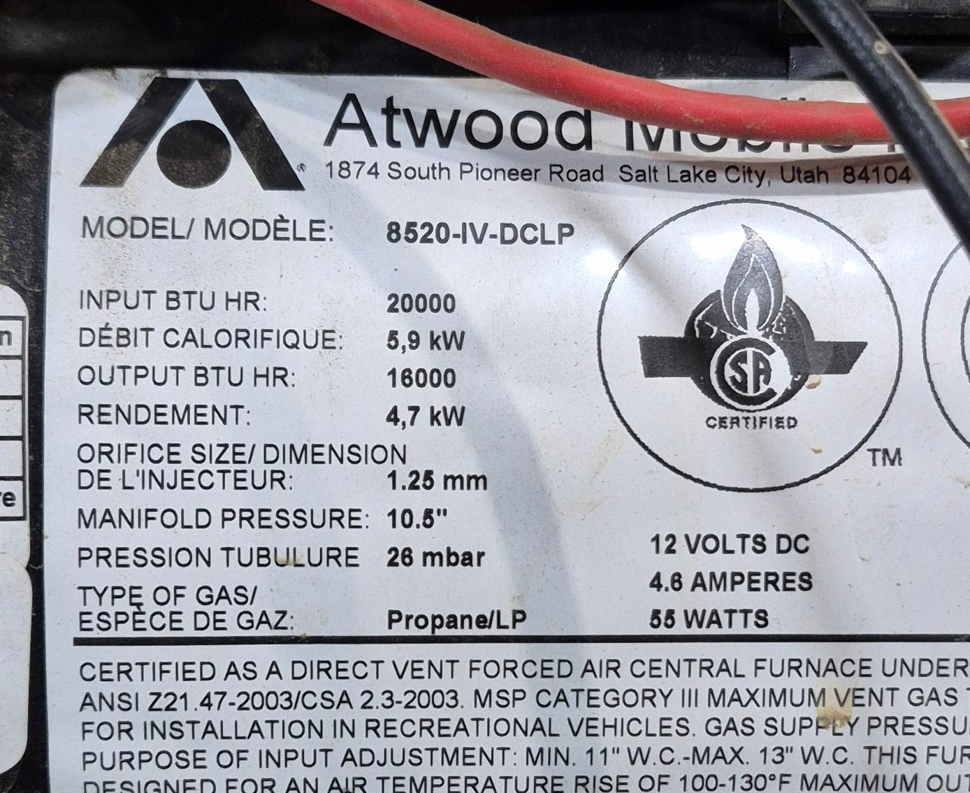 20000 BTU Used Atwood / Hydro Flame RV Propane Furnace - 8520 IV DCLP - Young Farts RV Parts