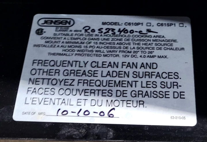 Used Jensen RV Range Hood Fan - R023400-C - Young Farts RV Parts