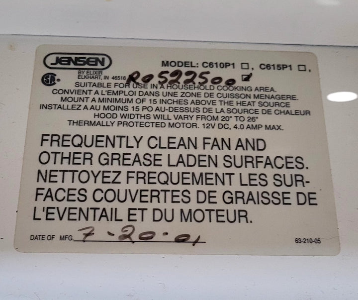Used Jensen RV Range Hood Fan - R0522500 - Young Farts RV Parts