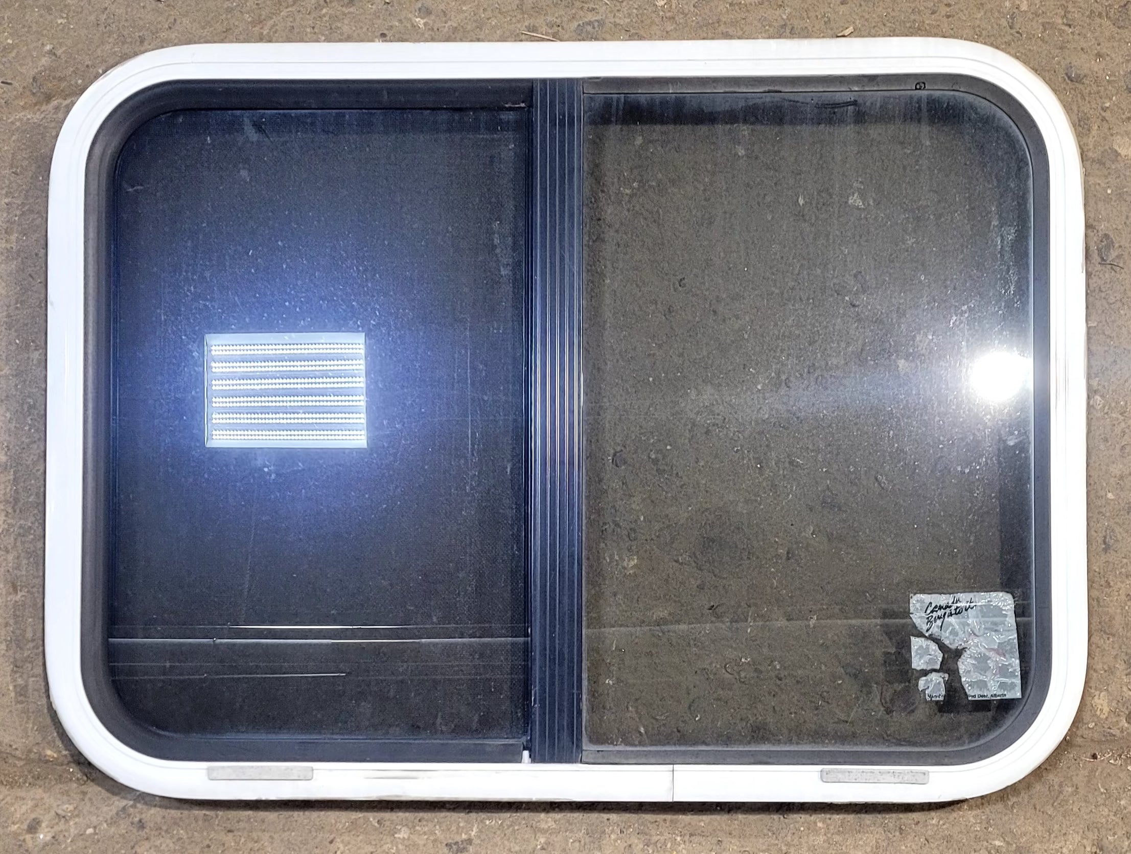 Used White Radius Opening Window : 30 1/4" W x 21 3/4" H x 1 3/4" D - Young Farts RV Parts