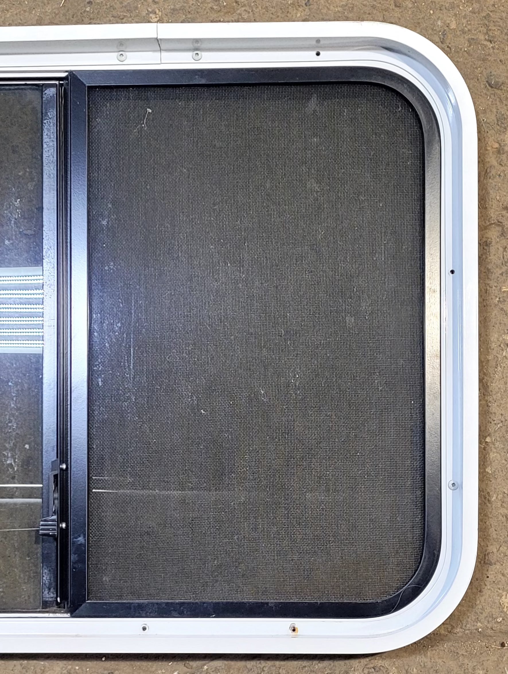 Used White Radius Opening Window : 30 1/4" W x 21 3/4" H x 1 3/4" D - Young Farts RV Parts