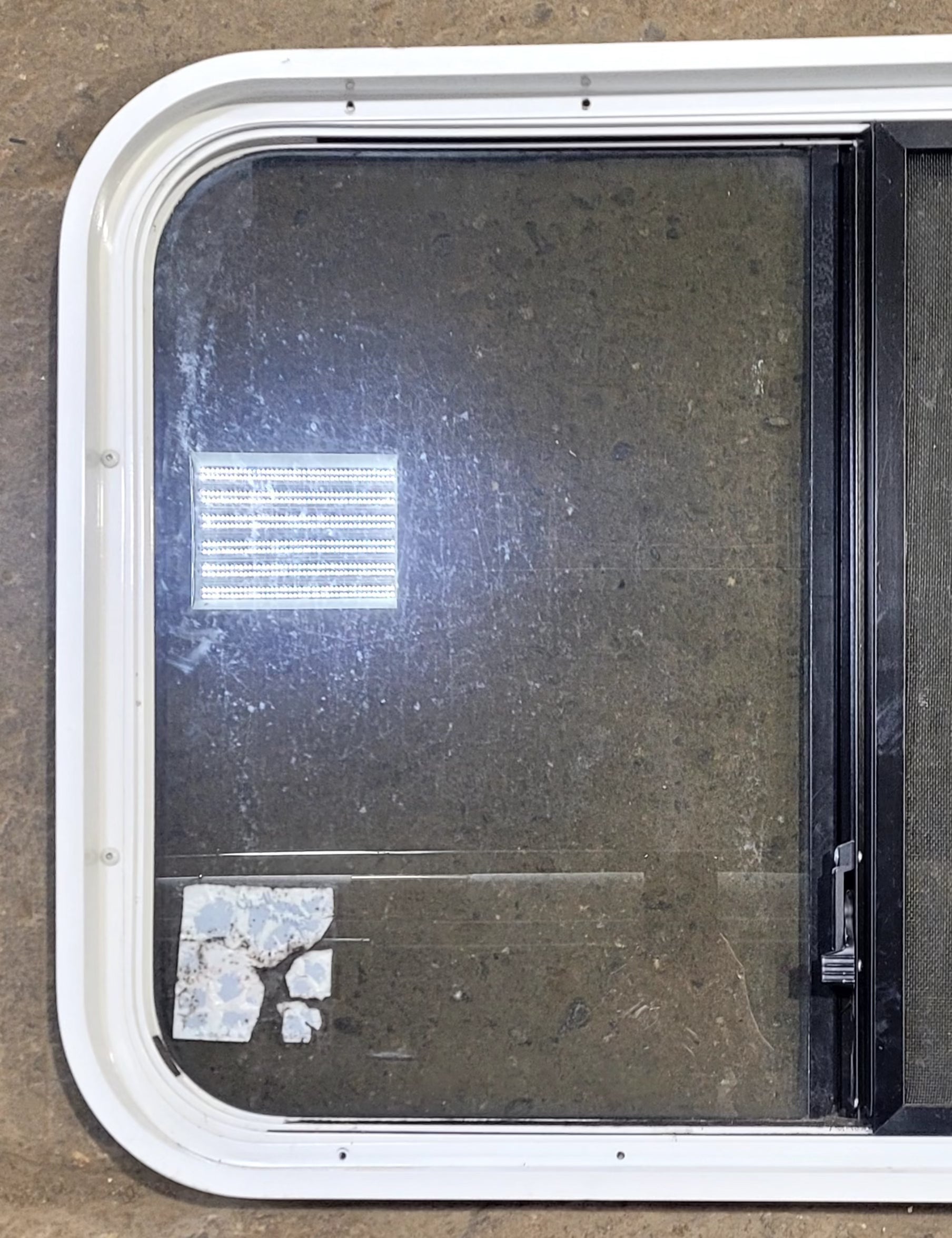Used White Radius Opening Window : 30 1/4" W x 21 3/4" H x 1 3/4" D - Young Farts RV Parts