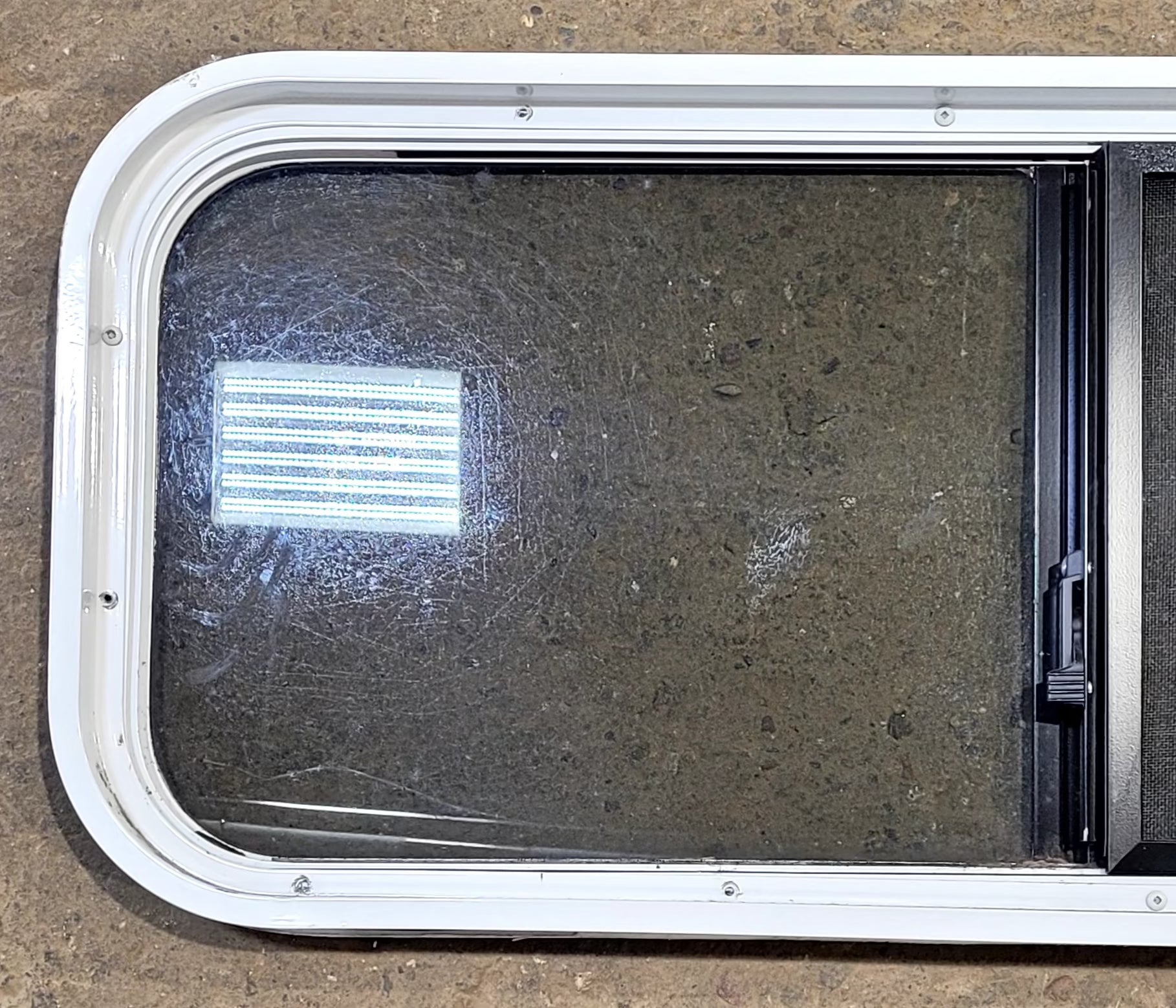 Used White Radius Opening Window : 36 1/4" W x 14 3/4" H x 1 3/4" D - Young Farts RV Parts
